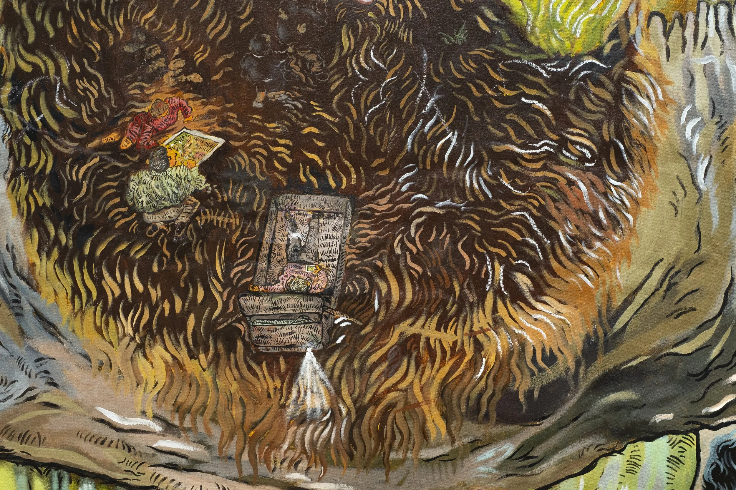 Detail. Ali Eyal. Paper, pen, map in a pocket and, 2023. Oil and conté on canvas. 84 x 132 inches.