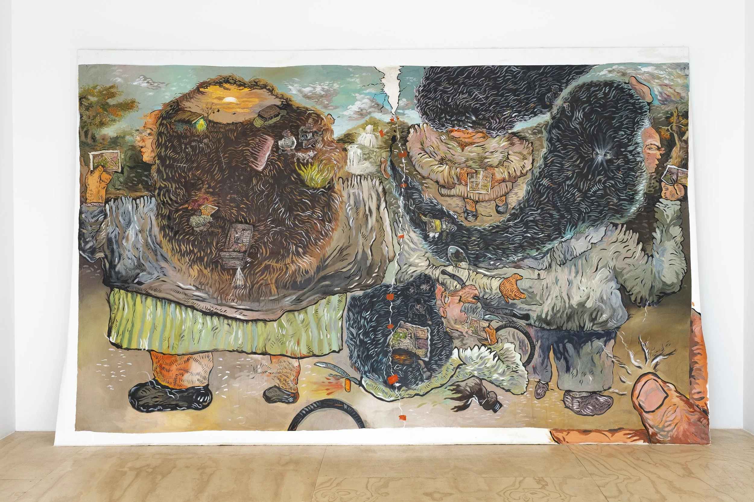 Ali Eyal. Paper, pen, map in a pocket and, 2023. Oil and conté on canvas. 84 x 132 inches.