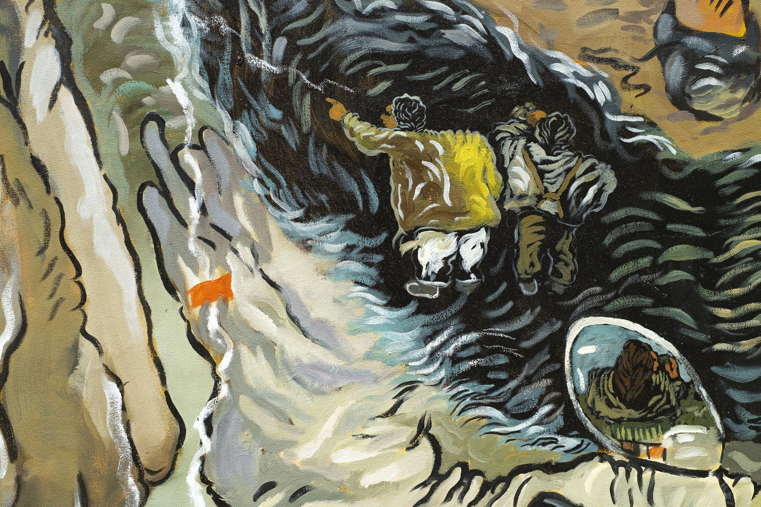 Detail. Ali Eyal. Paper, pen, map in a pocket and, 2023. Oil and conté on canvas. 84 x 132 inches.