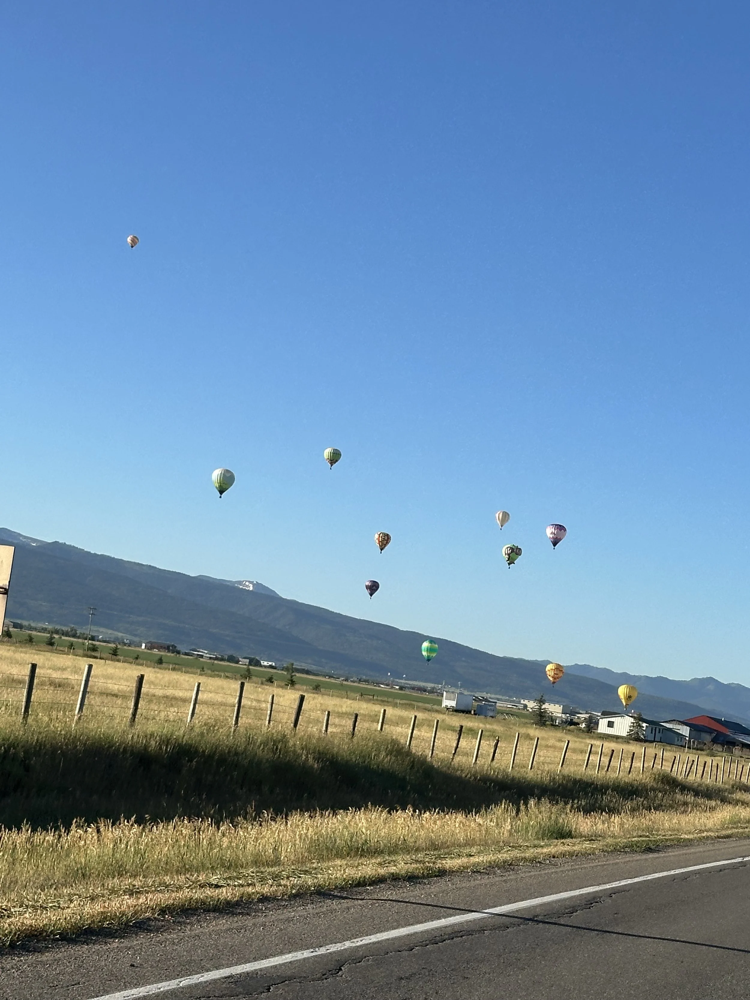 Several colorful hot air balloons floating in a clear blue sky over a rural landscape with fields, a fence, and distant hills.
