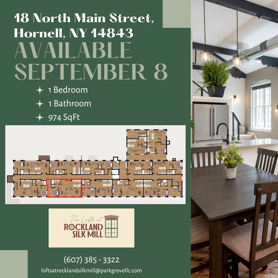 1 bedroom apartment located in Hornell, NY available September 8th. Call (607) 385-3322, email loftsatrocklandsilkmill@parkgrovellc.com or visit www.loftsatrocklandsilkmill.com for more information.