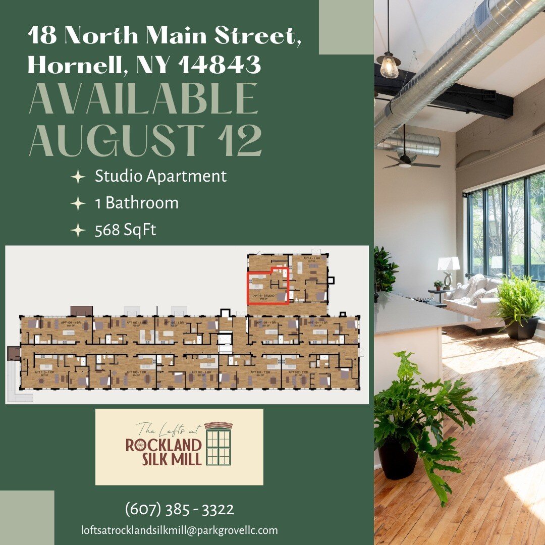 Studio Apartment available August 12th! Call (607) 385 - 3322, email loftsatrocklandsilkmill@parkgrovellc.com or visit www.loftsatrocklandsilkmill.com .