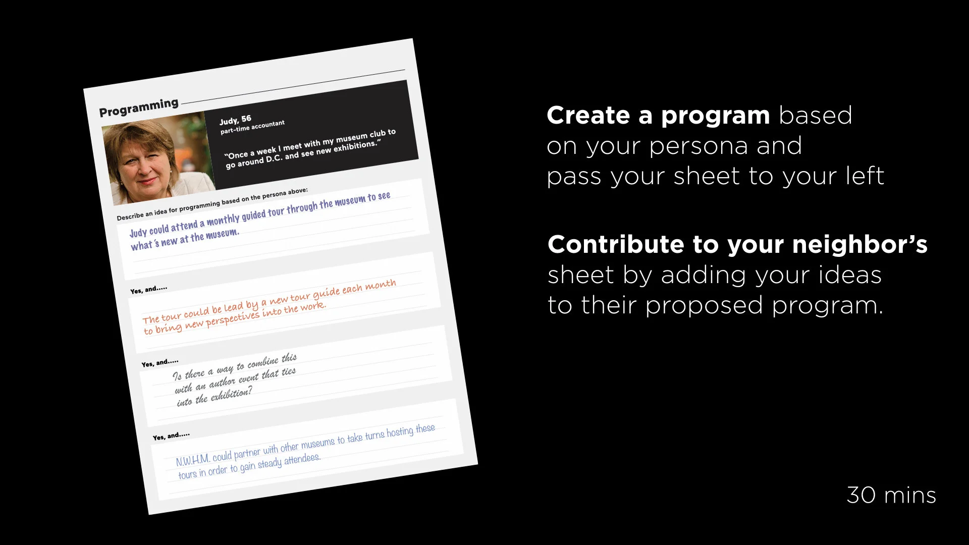  As a way to get workshop participants thinking about the needs and interests of different demographics, I developed a series of personas. During the workshop, each participant received a different persona and had to develop a program based on their 