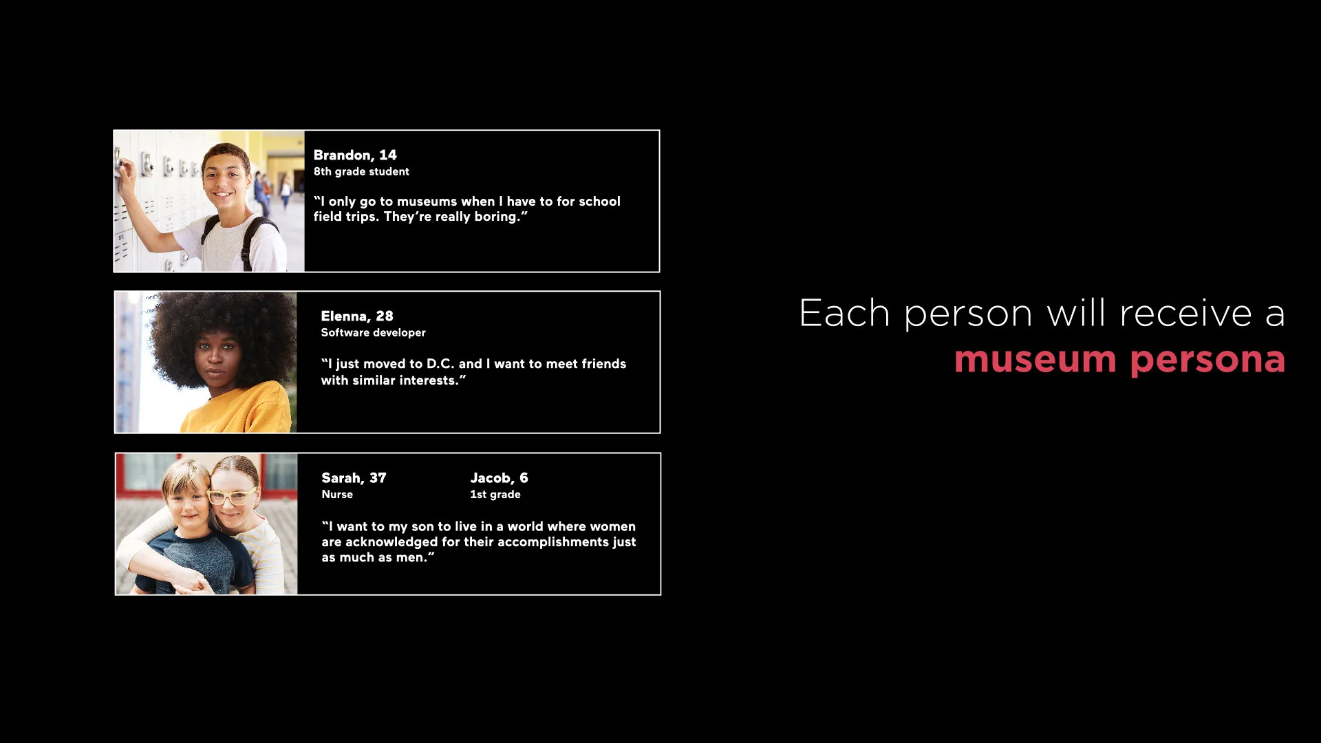 As a way to get workshop participants thinking about the needs and interests of different demographics, I developed a series of personas. During the workshop, each participant received a different persona and had to develop a program based on their 