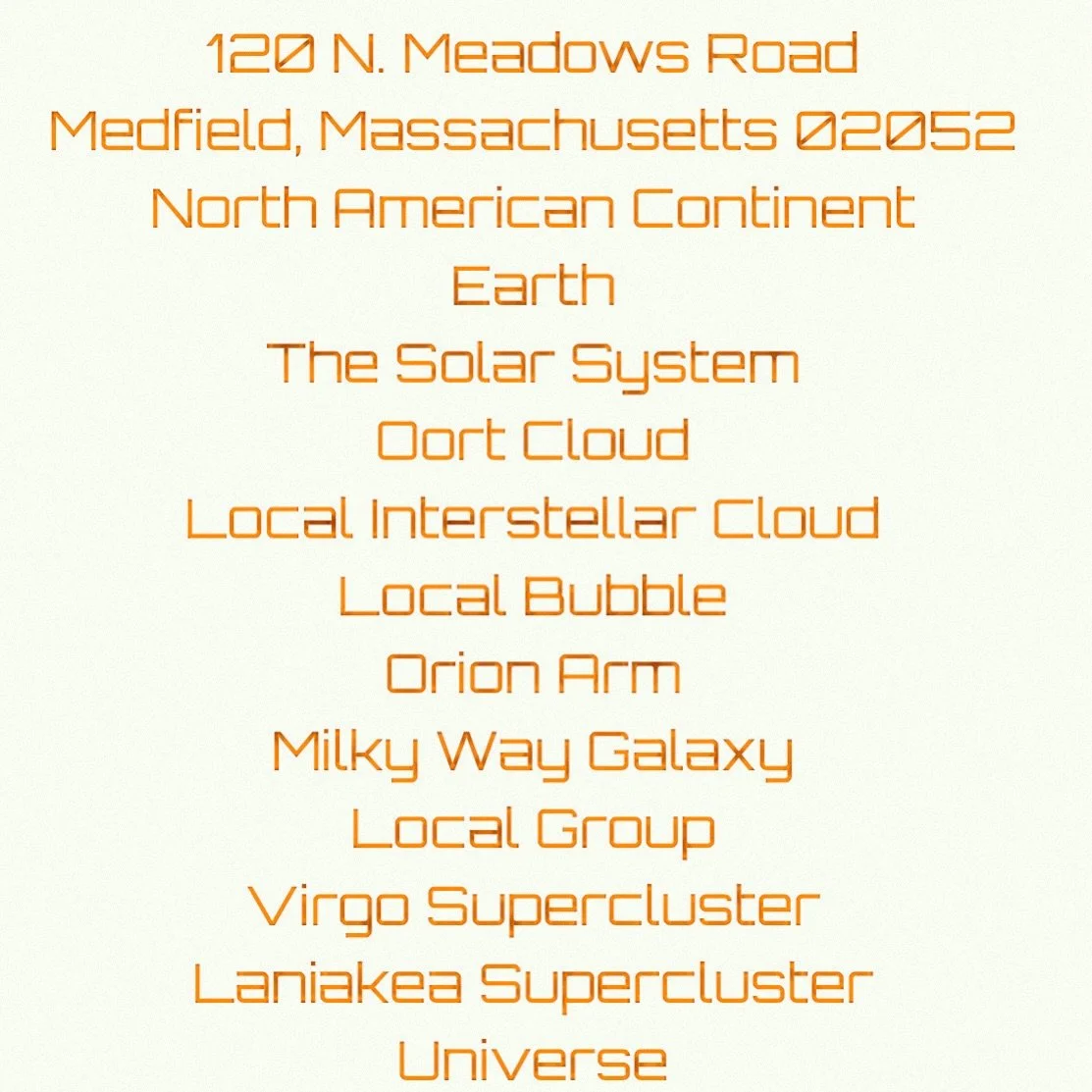 Calculating coordinates to ensure beings can find fresh, New England sake wherever they are in the Universe.

@erika.hamden could you please help us calculate our galactic address? 

Farthest Star Sake
120 N. Meadows Road
Medfield, Massachusetts 0205