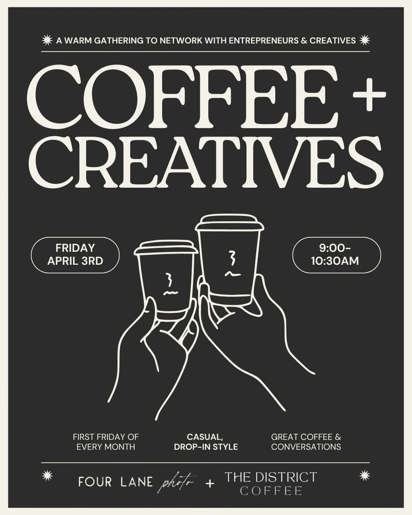 🚨 REMINDER!! Our next monthly Coffee &amp; Creatives meet up is next Friday, April 3rd at @the.districtcoffee 🚨
 
Come join us for a cup of local coffee and the opportunity to connect with like-minded individuals. Don&rsquo;t miss out on this chanc