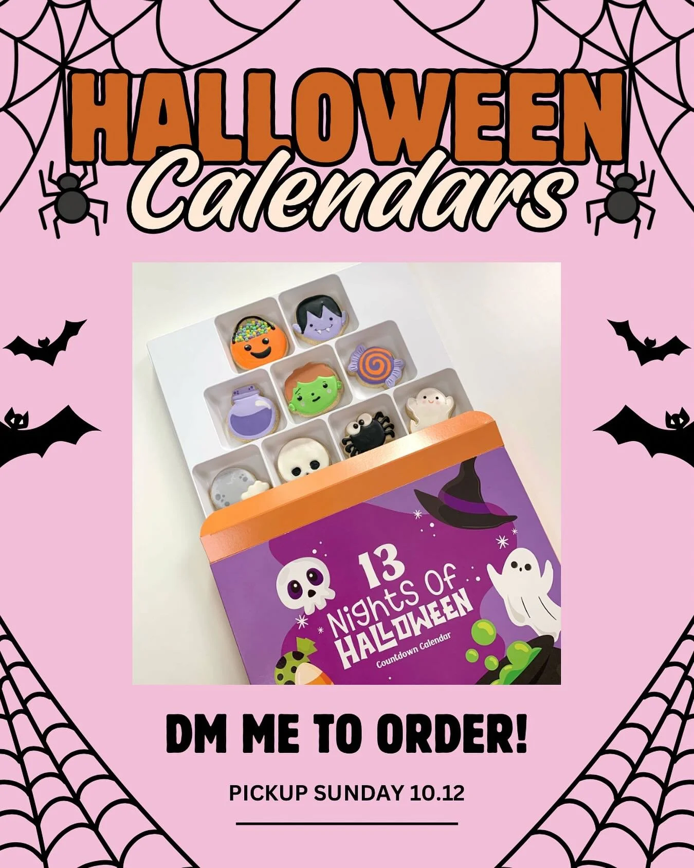 The 𝒯𝒽𝒾𝓇𝓉𝑒𝑒𝓃 𝒩𝒾𝑔𝒽𝓉𝓈 𝑜𝒻 𝐻𝒶𝓁𝓁𝑜𝓌𝑒𝑒𝓃 are creeping closer&hellip; 👀

Each countdown calendar includes 13 mini cookies&mdash;$25 each. Pickup is this Sunday, 10/12, at Muscoot Farm. 🎃

DM me to snag one before they vanish! 👻