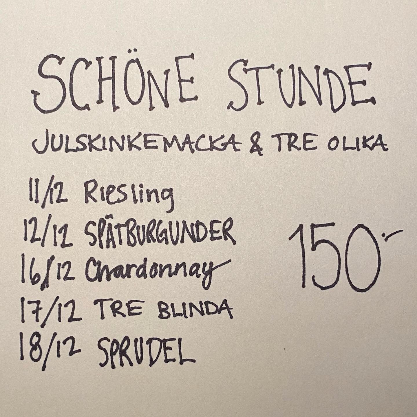 Fr&aring;n &amp; med imorgon k&ouml;r vi en liten vinjulkalender. S&aring; mellan klockan 16-18 kan ni komma f&ouml;rbi p&aring; en liten provning och en julskinkemacka f&ouml;r 150kr. Perfekt aw ju? Kul. V&auml;lkomna. Vi st&auml;nger n&auml;sta fre