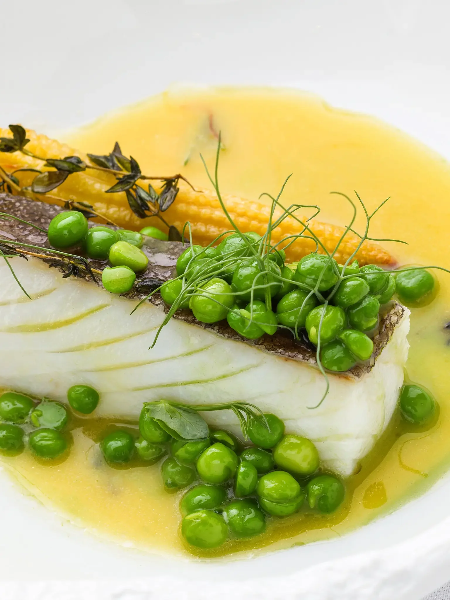 A plated dish featuring a piece of white fish topped with green peas, garnished with herbs, and served with a yellow sauce.