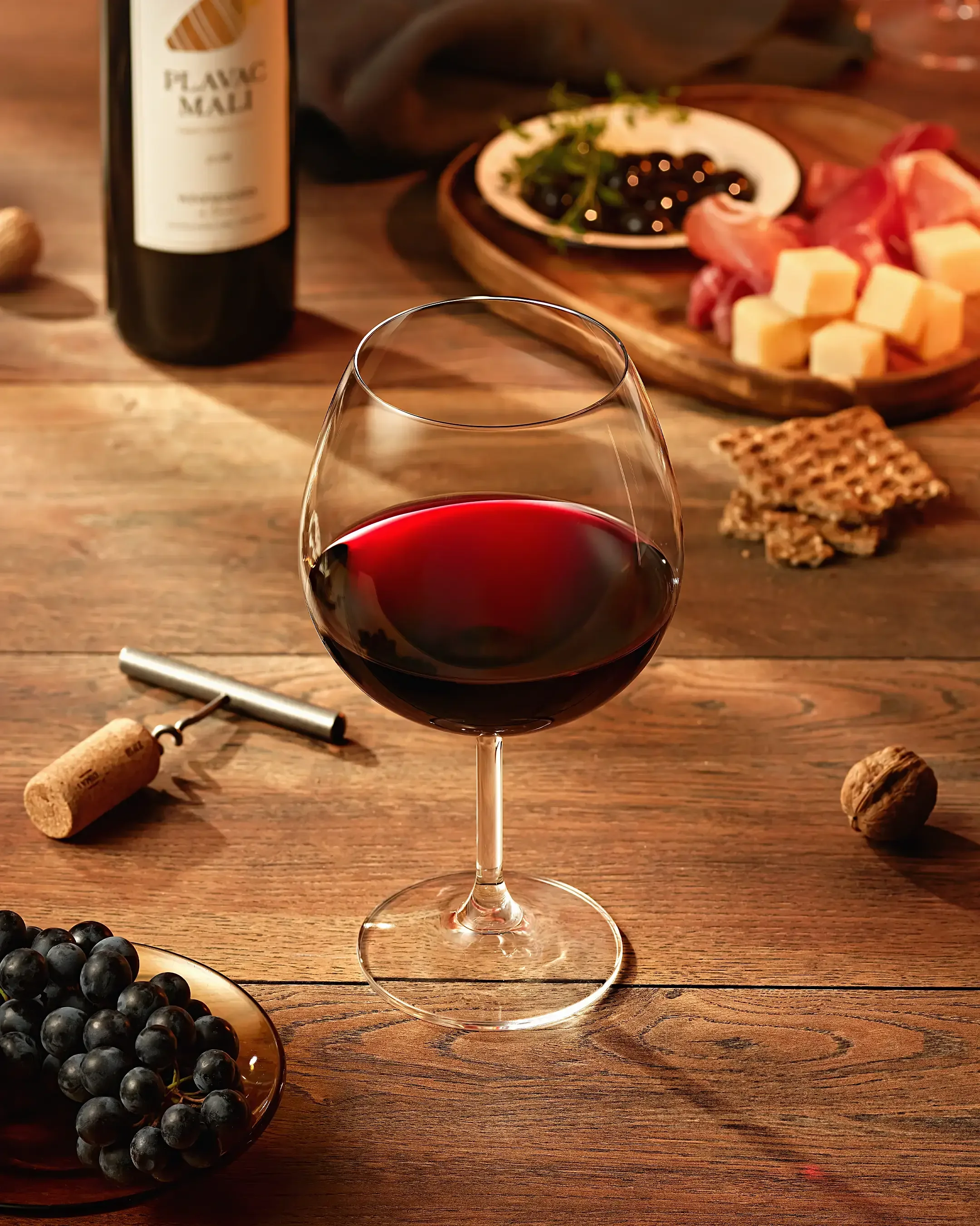 A glass of red wine on a wooden table with grapes, cheese, crackers, and a wine bottle in the background.