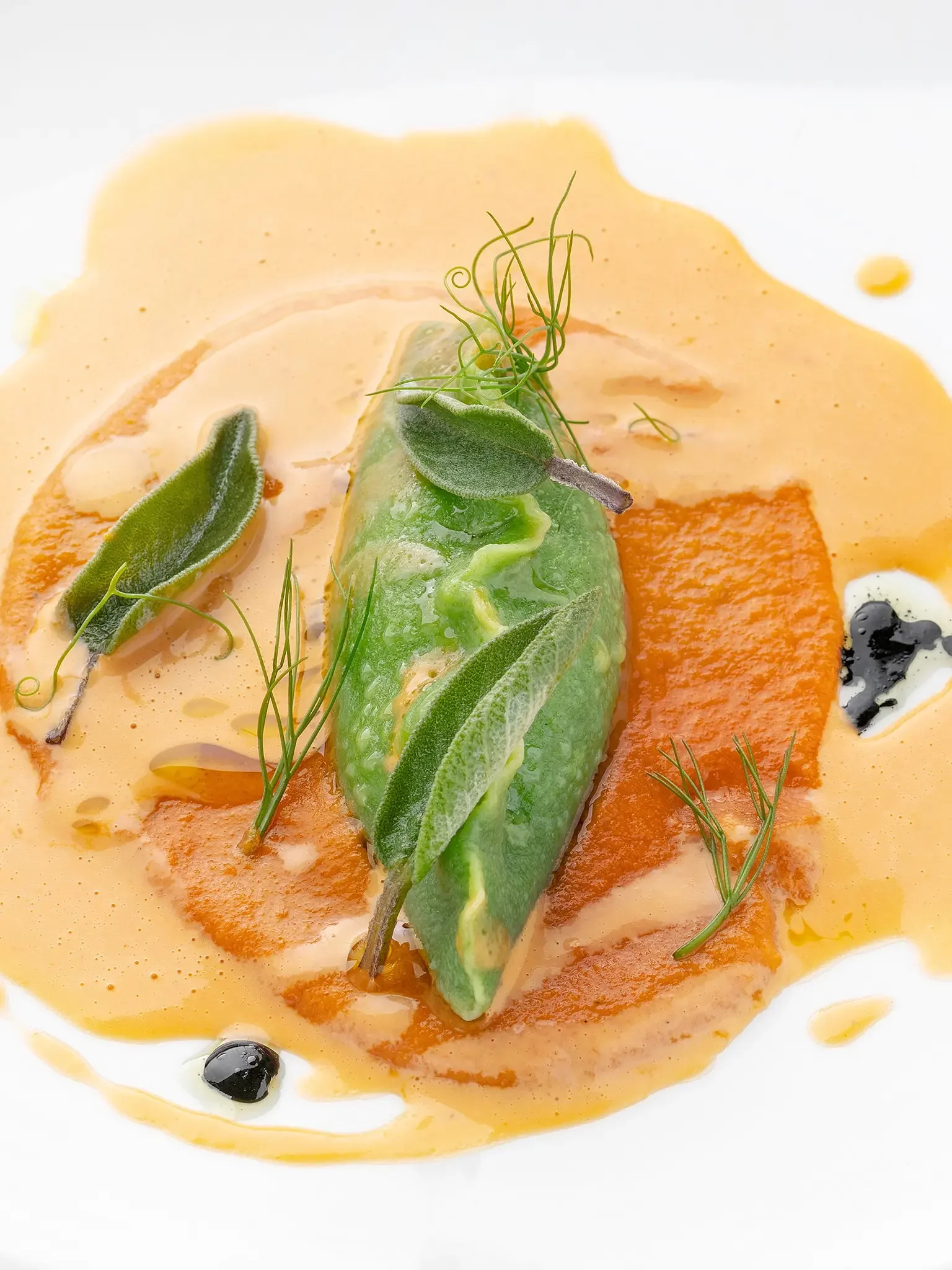 Gourmet dish with green vegetable, orange puree, black dots, and green herbs on a white plate.