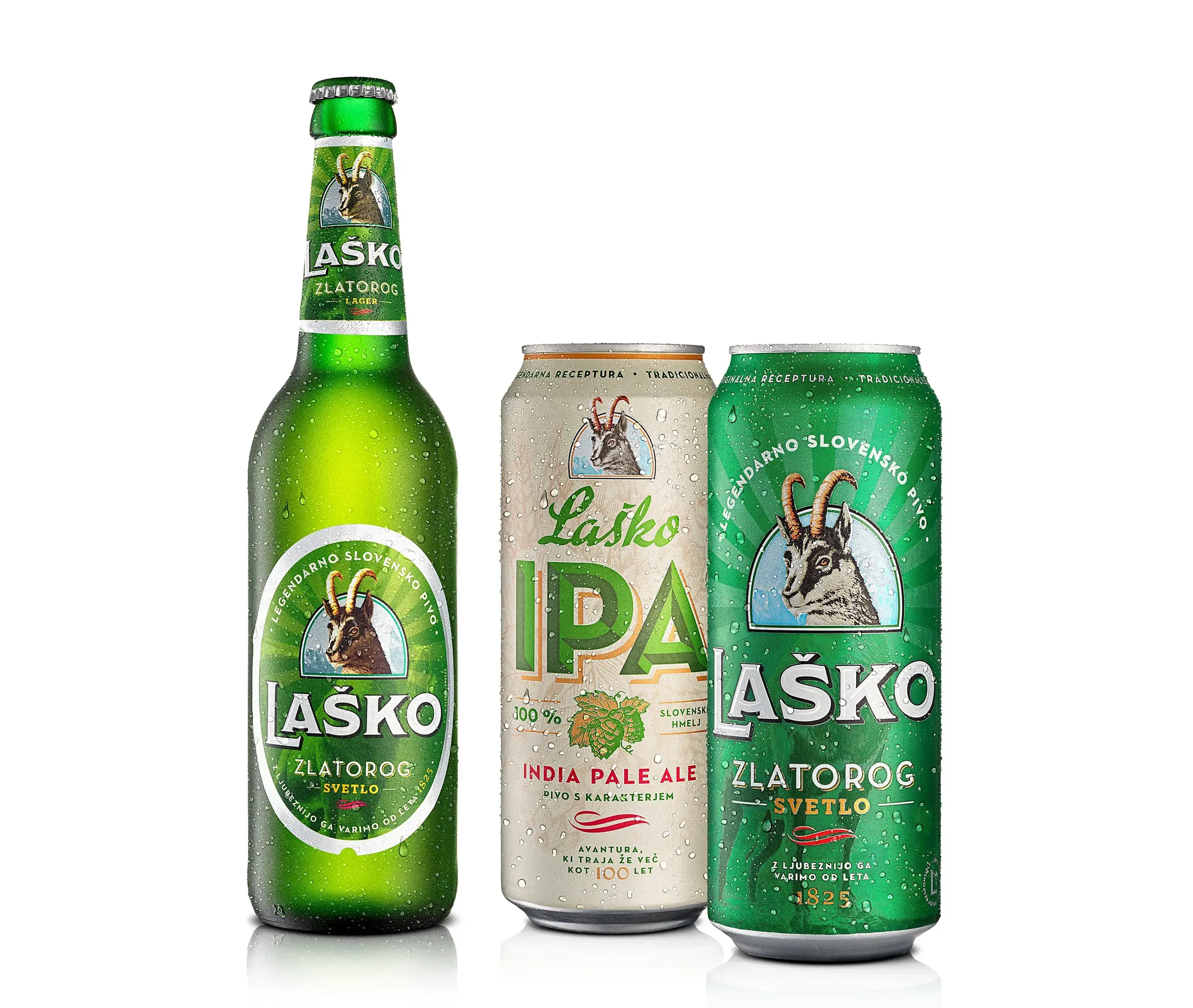 Three different beer containers: a green glass bottle, a beer can, and another aluminum can, all branded Laško with images of a goat's head.