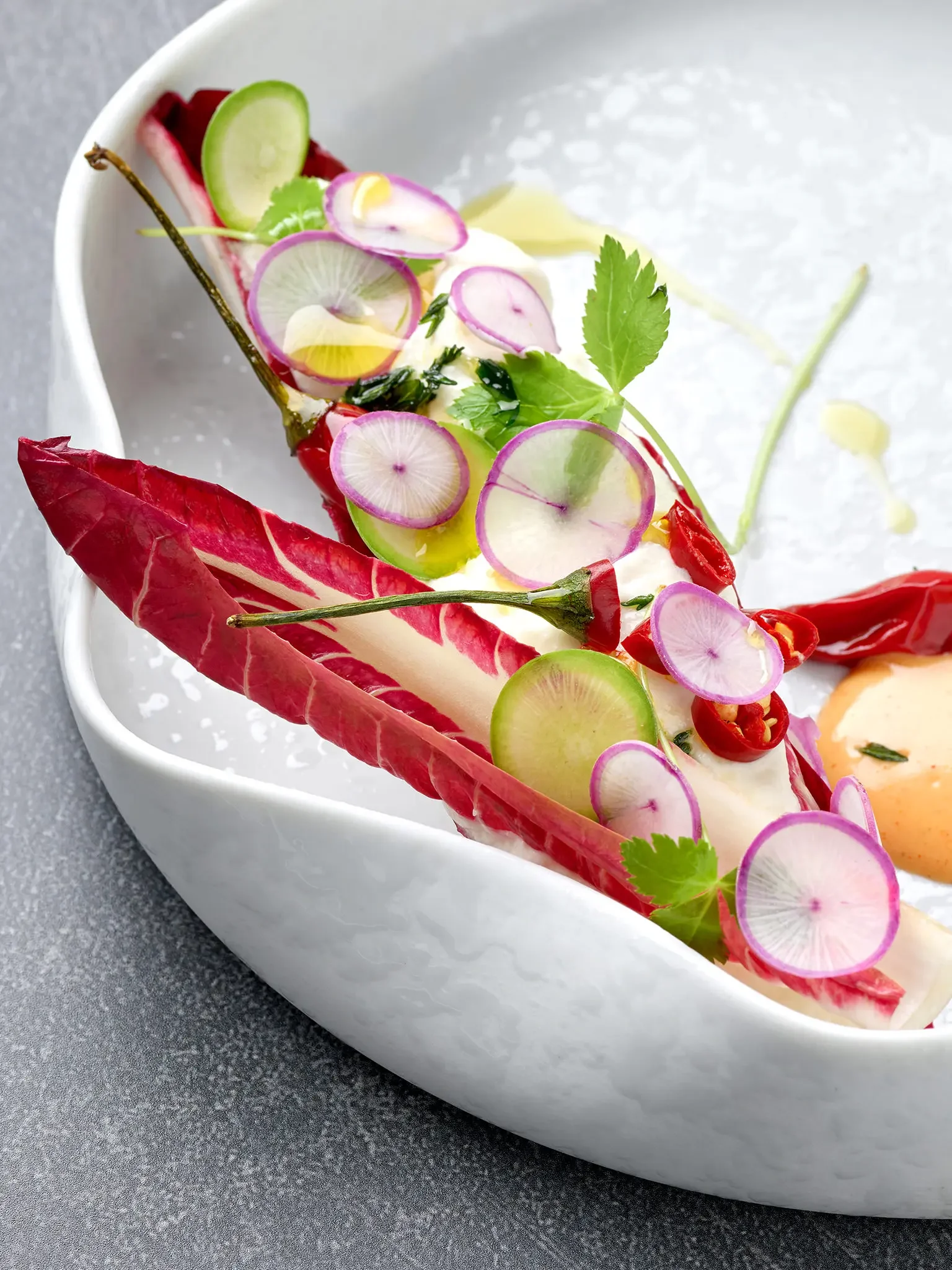 A gourmet dish with sliced radishes, grapes, red chili peppers, fresh herbs, and a creamy sauce on a white plate.