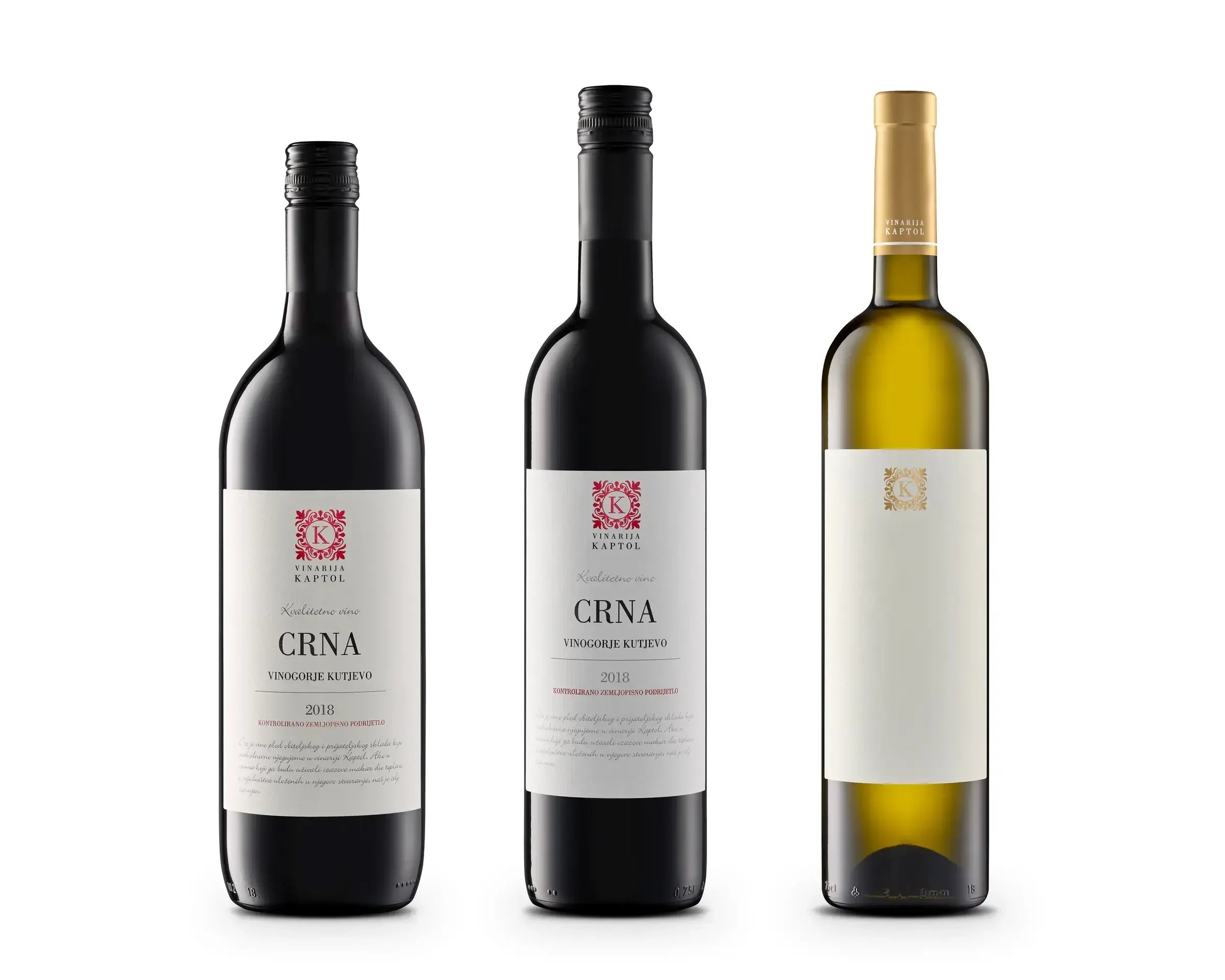 Three bottles of wine, two dark glass bottles with labels and one clear bottle with a blank label, on a white background.