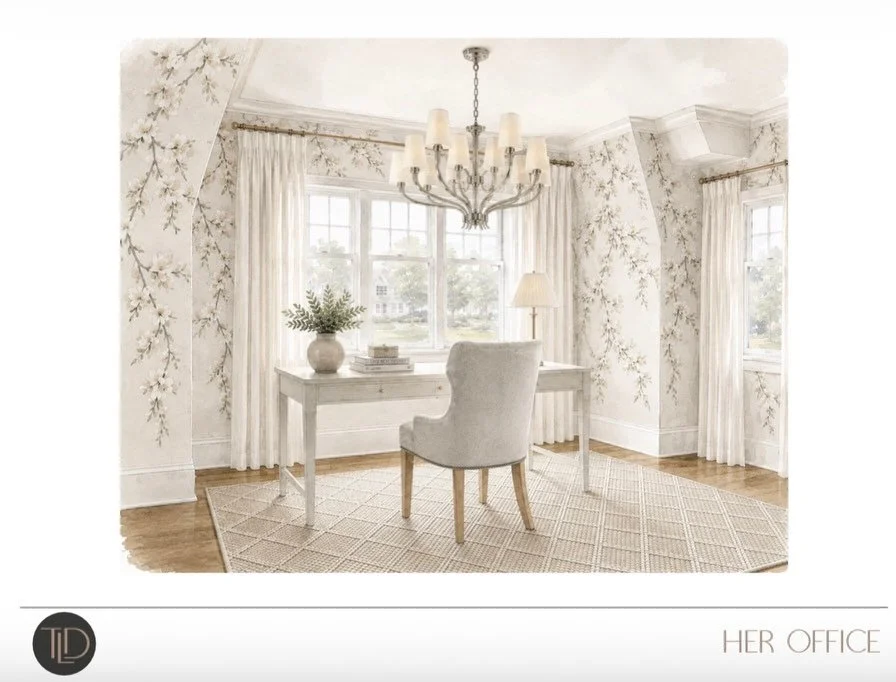 The wellness room at our Wellesley project has been designed, but the rest of the house is just getting started. Two office spaces, side by side, headed in completely different directions. One goes dark and moody. The other stays light, layered with 