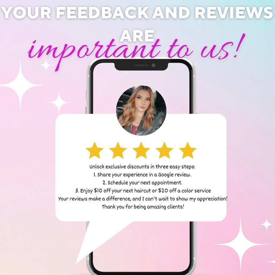 Dear valued clients, your feedback means the world to me! If you&rsquo;ve experienced the magic of my hairstyling services, I&rsquo;d love for you to share your thoughts on Google reviews. As a token of appreciation, enjoy $10 off your next haircut o
