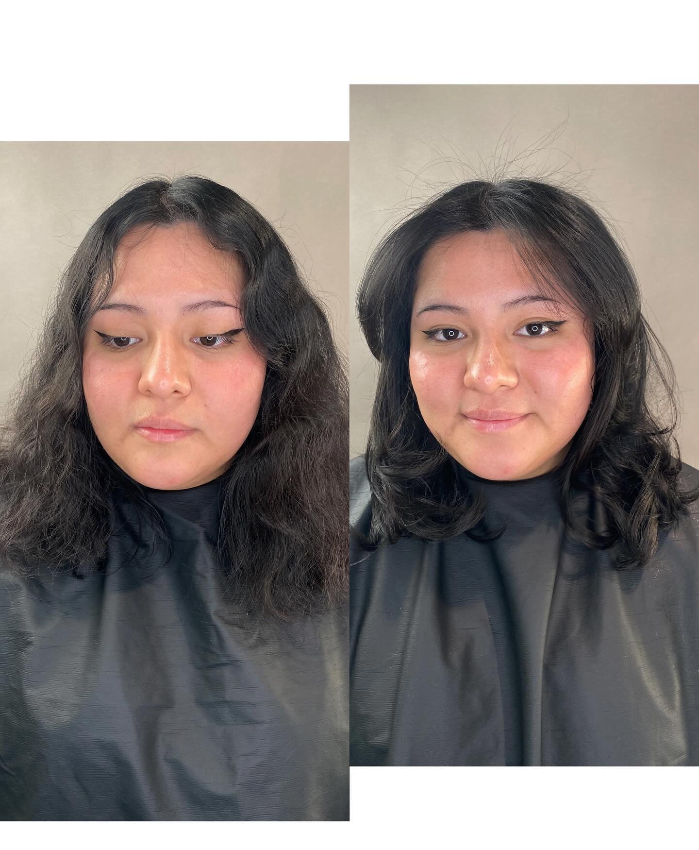 Before and after look at that beautiful, shiny blowout with curtain, bangs and face framing layers using all Mizani products 
.
.
Swipe to see what I used!! ➡️➡️
