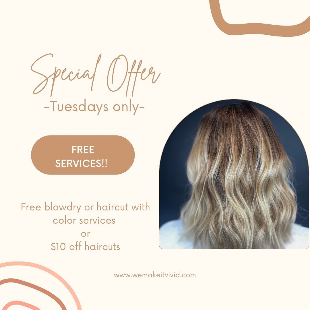 With Tuesdays being my longest shift they are my hardest to fill. I will now be offering Tame Tuesdays! Book your color service with me and enjoy a free blowdry or haircut. Or, get $10 off on haircuts only. Help me fill my Tuesday slots, and I&rsquo;