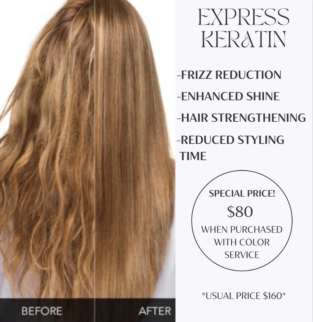 Summer is on its way and we ALL know how humid it gets 🥵 Beat the summer frizz with our express keratin treatments! 

Pair it with your color service and enjoy 50% OFF for the ultimate hair transformation! 

Benefits:
✨Frizz Reduction: Keratin treat