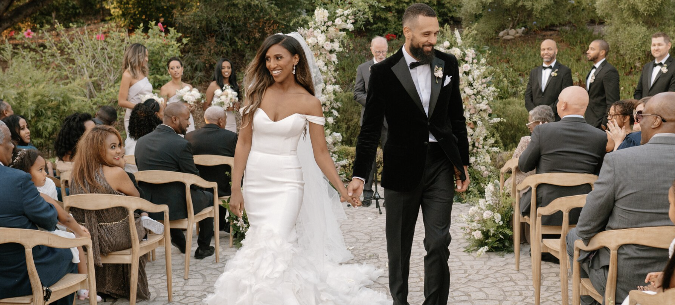 husband and wife walking down aisle, wedding