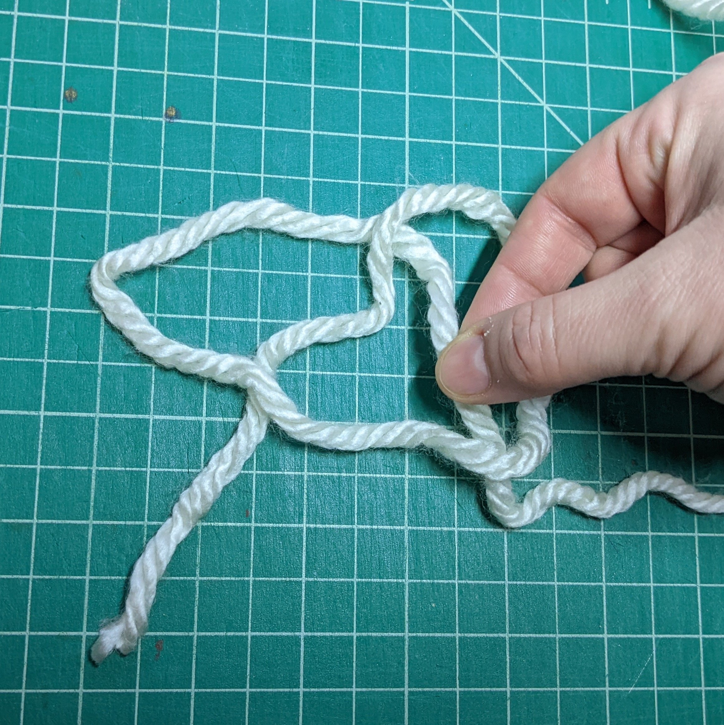 Step 5: Pick up the yarn indicated in the photo and grab the 2 ends with your left hand