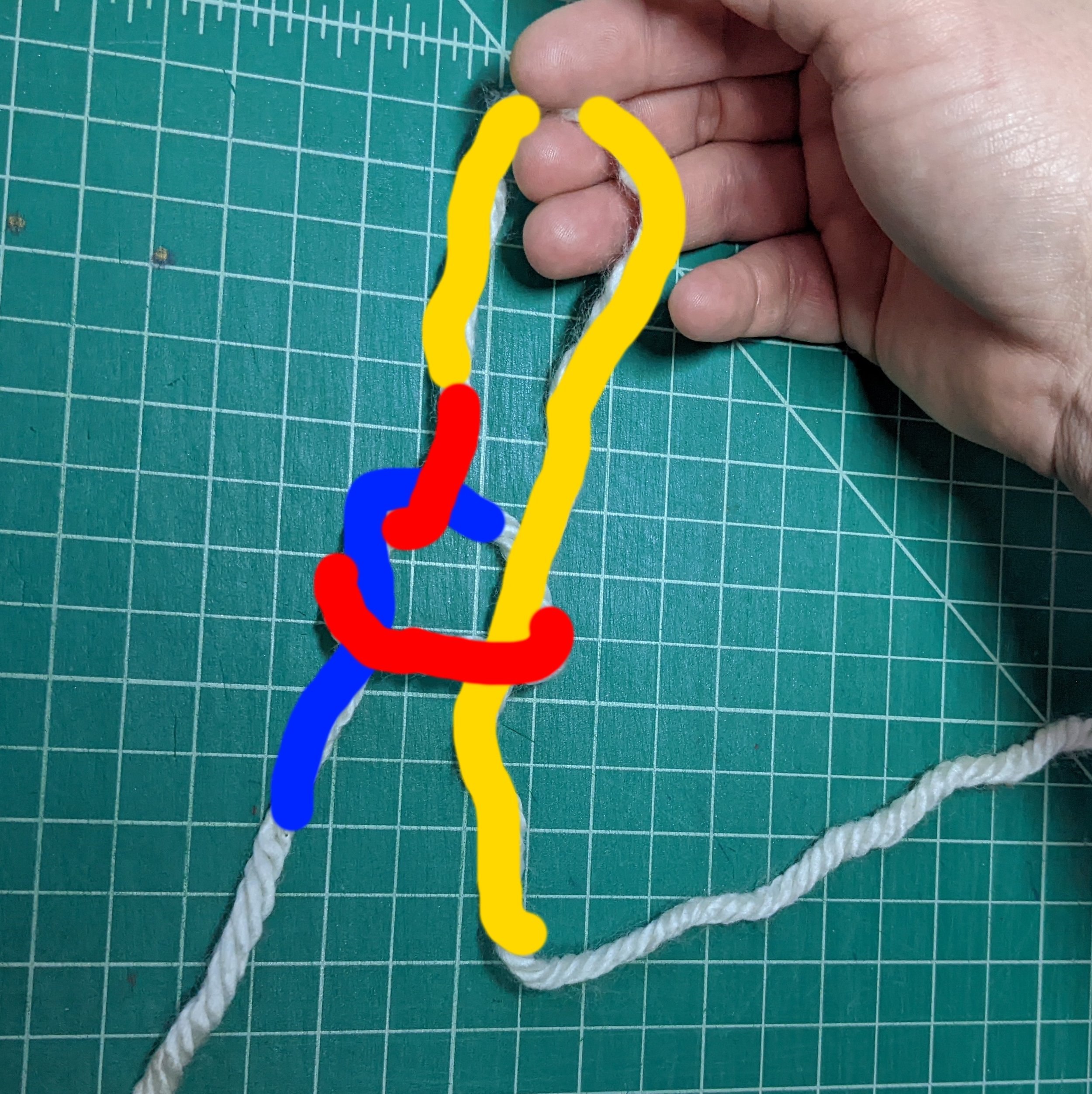 Step 6: Pull the yarn in your right hand to begin forming the loop, while holding onto the ends in your left hand