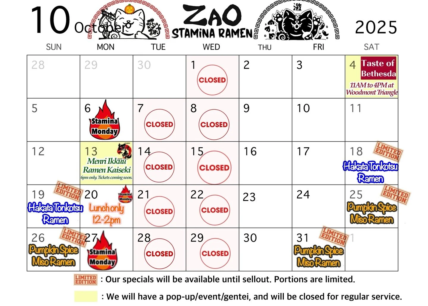 October 2025 Calendar 🗓️ 
📍 Oct 4 (Sat)
Taste of Bethesda 🍴
Local outdoor event at Woodmont Triangle! Come and say hi :)
(No regular service this day)
🍶 Oct 13 (Mon)
Menri Ikkuu Ramen Kaiseki
This time it’s not “mini” but a fu