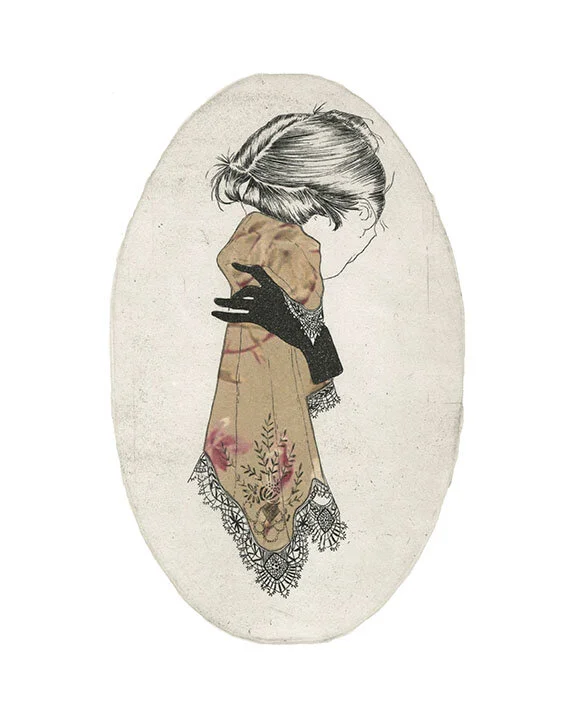 La Pleureuse II, etching with digitally printed chine colle, 5” x 8”, 2016