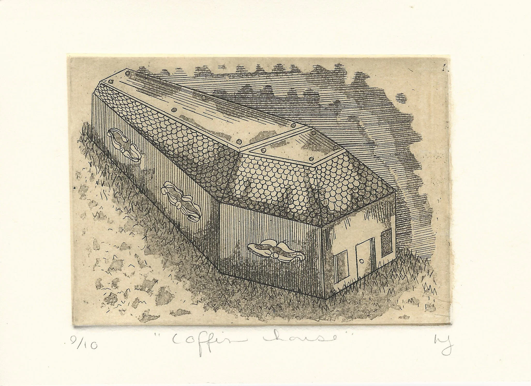 Coffin House, etching with chine colle, 8" x 10", 2013