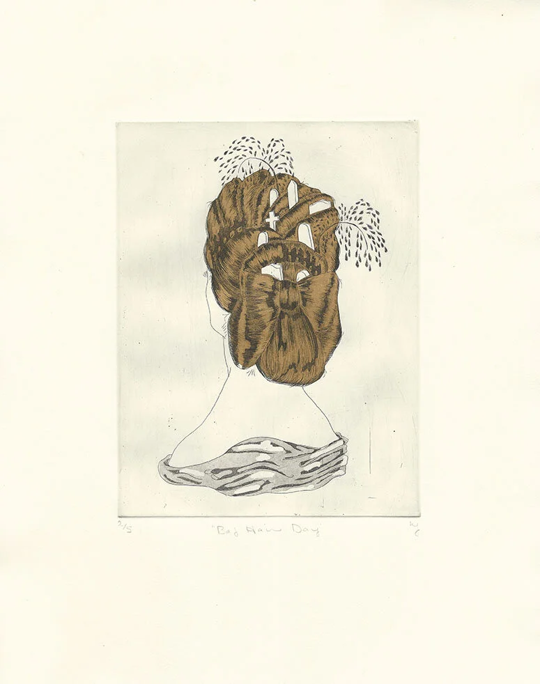 Bad Hair Day, etching with chine colle, 8” x 10”, 2017