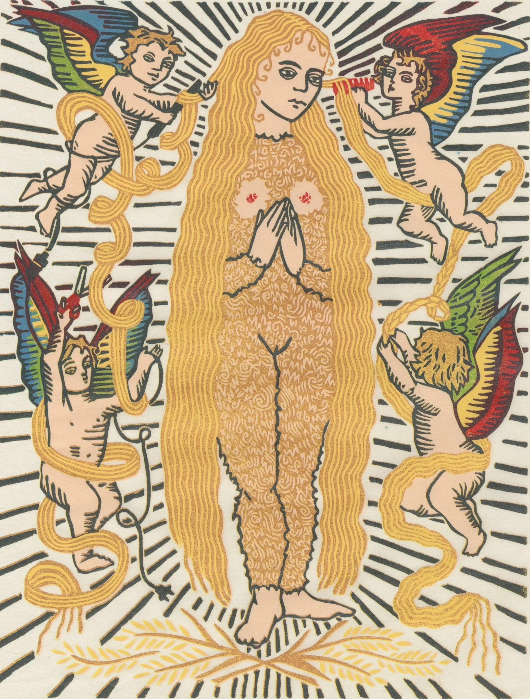 Hairy Mary, reductive relief, 14" x 11", 2023