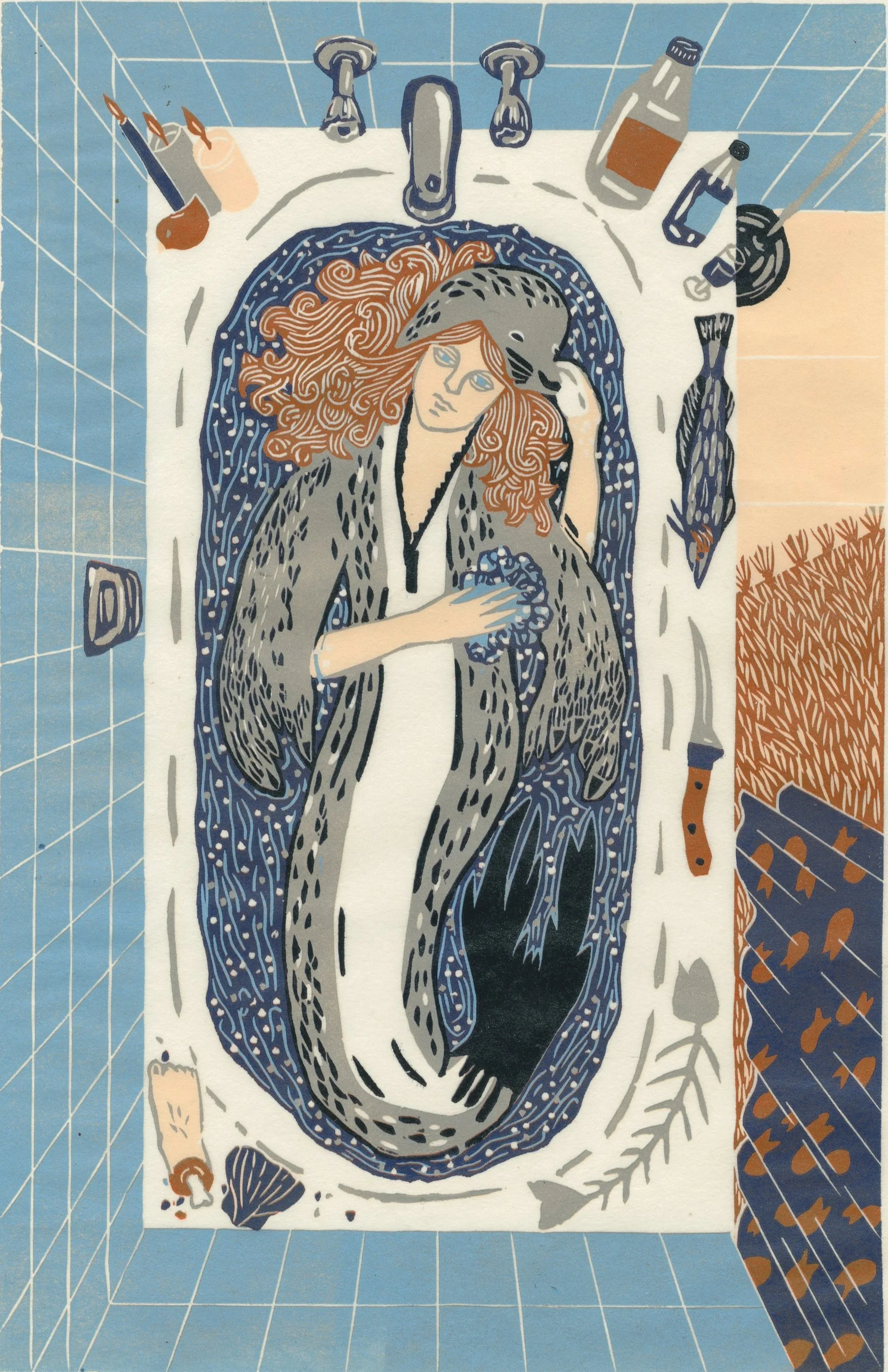 Sulky Selkie, reductive relief, 14" x 11", 2024