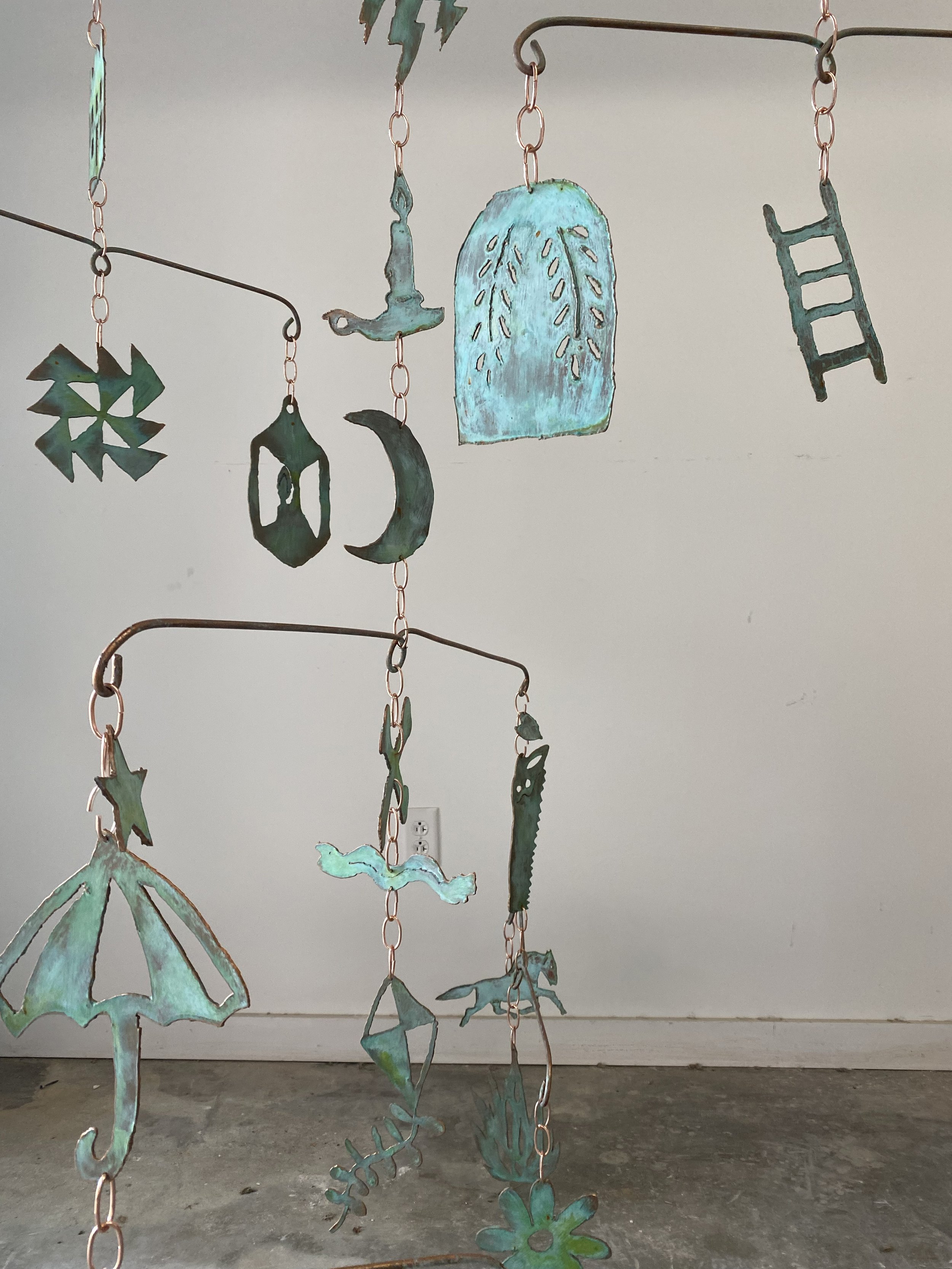 Bellwether, plasma cut steel, steel rod, copper chain, 48” x 48” x 72”, 2024 (detail)
