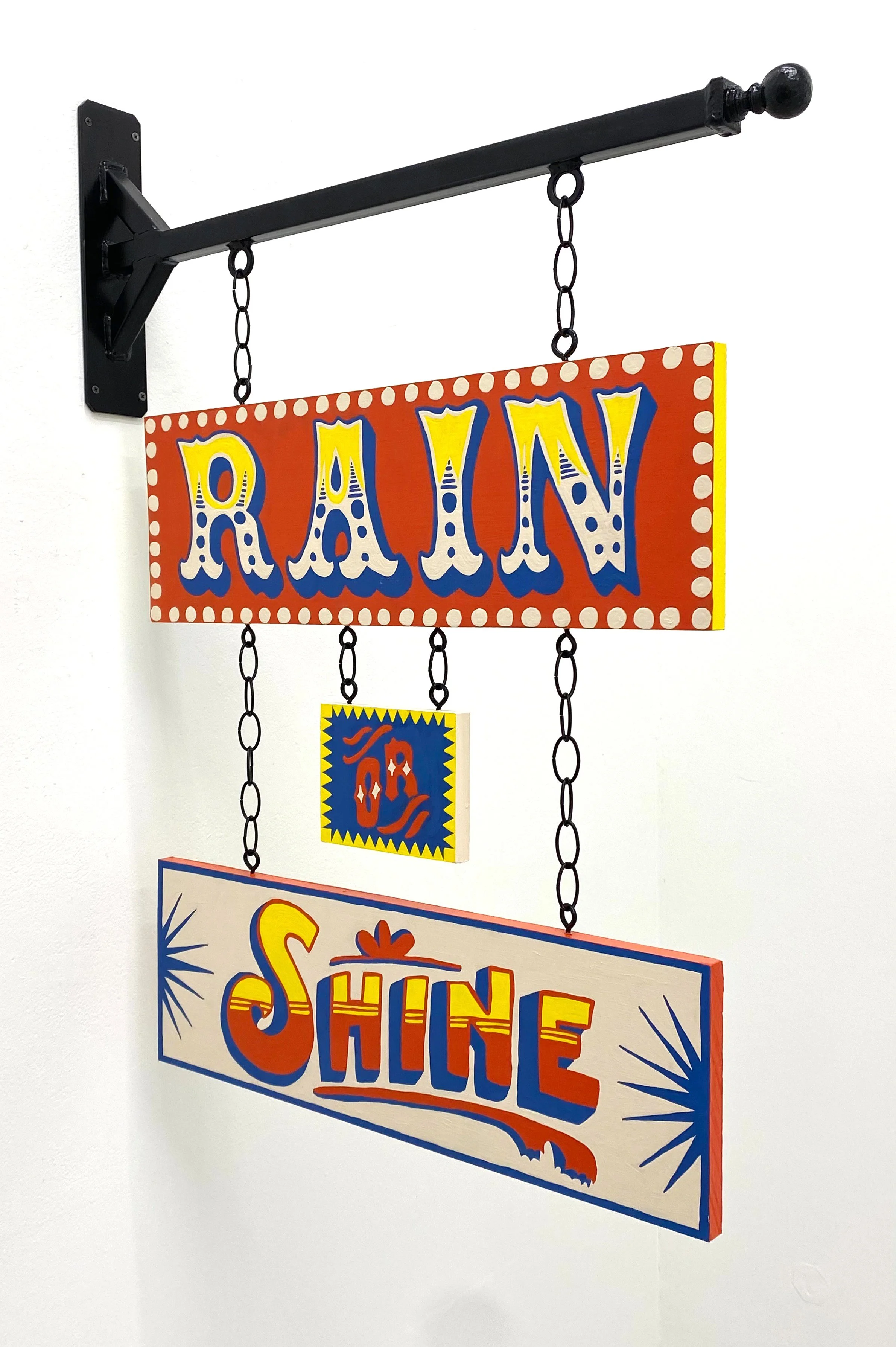 Rain or Shine, hand-painted pine board, chain, sign post, 36” x 2”x 48”, 2025