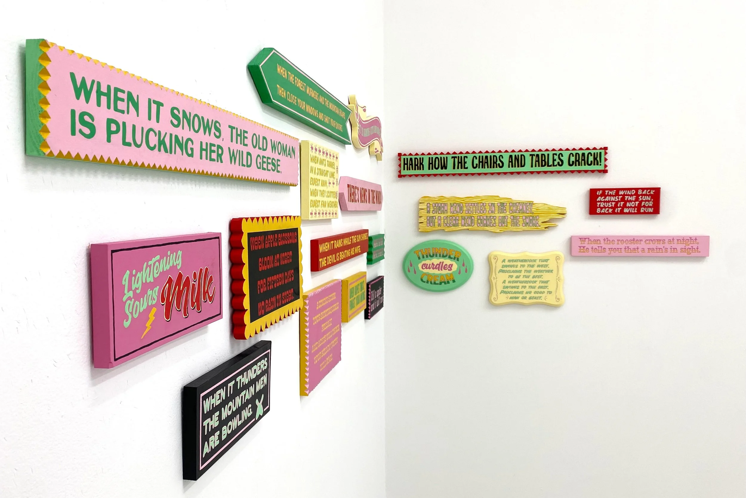 Words of Warning, hand-painted pine board, 192” x 72” (approximately), 2024