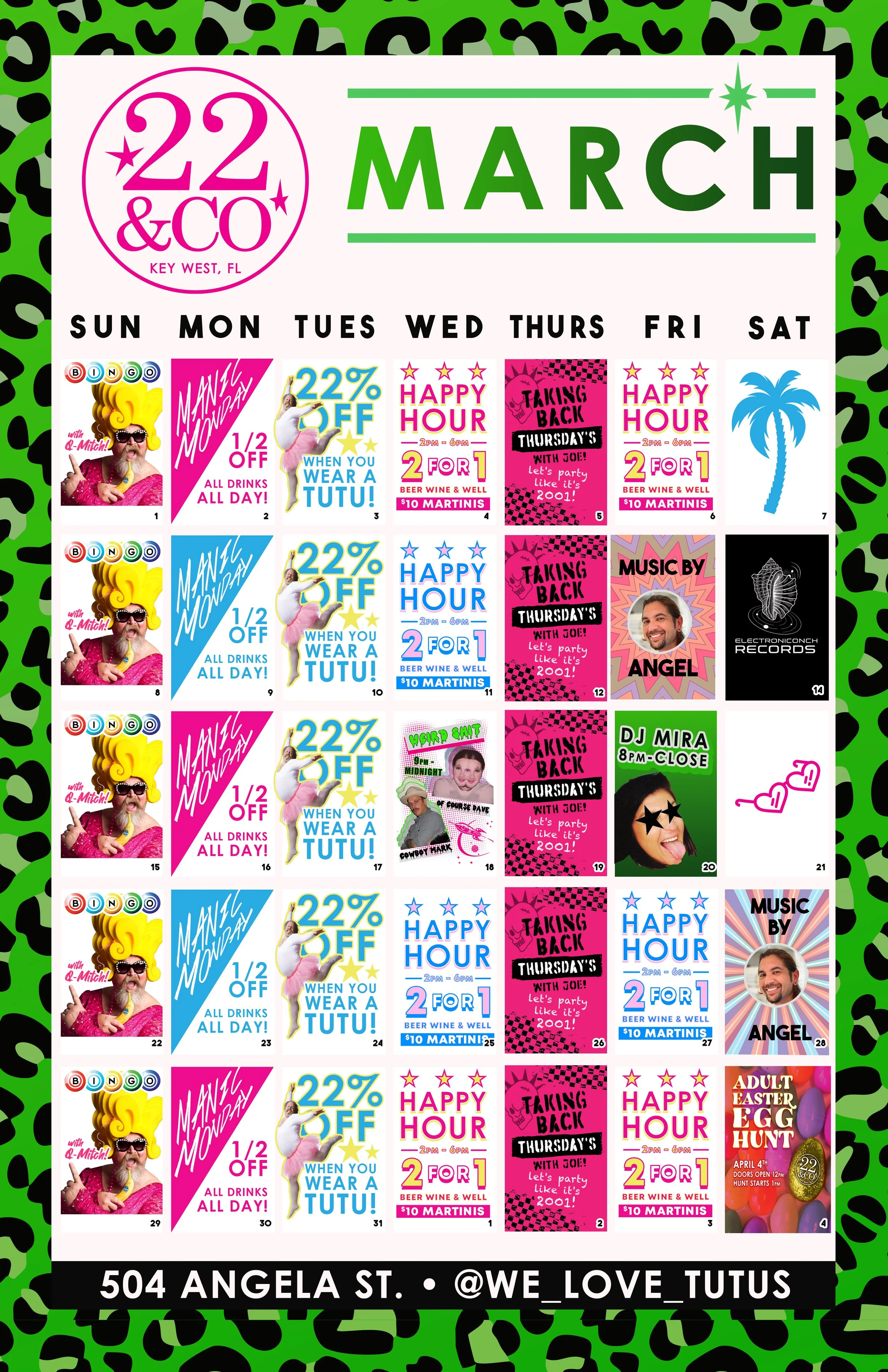 calendar of events, specials, and dis at 22&co in march 2026. happy hour 2-for-1 beer, wine and well