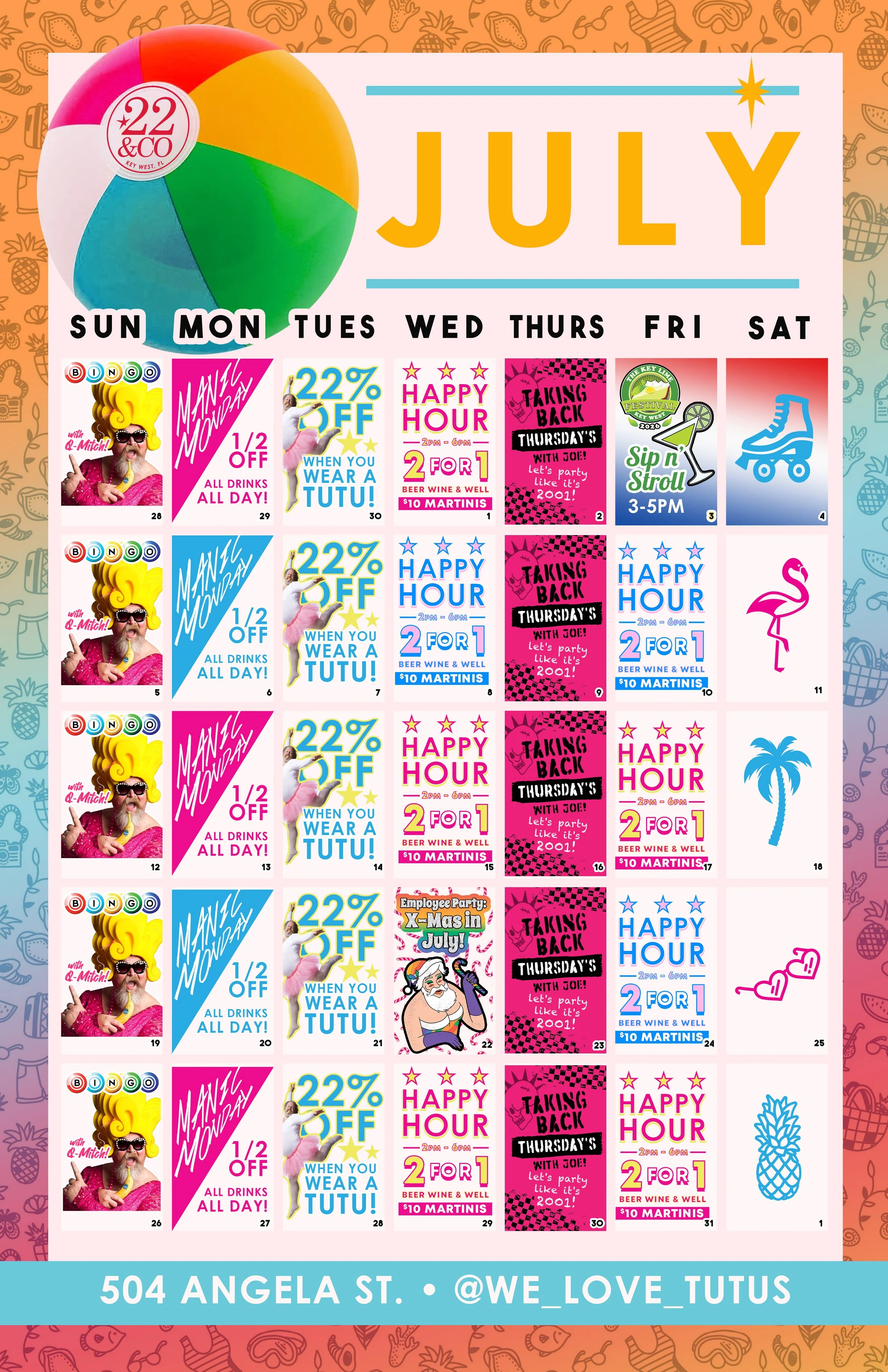 calendar of events, specials and more July 2026 at 22&co