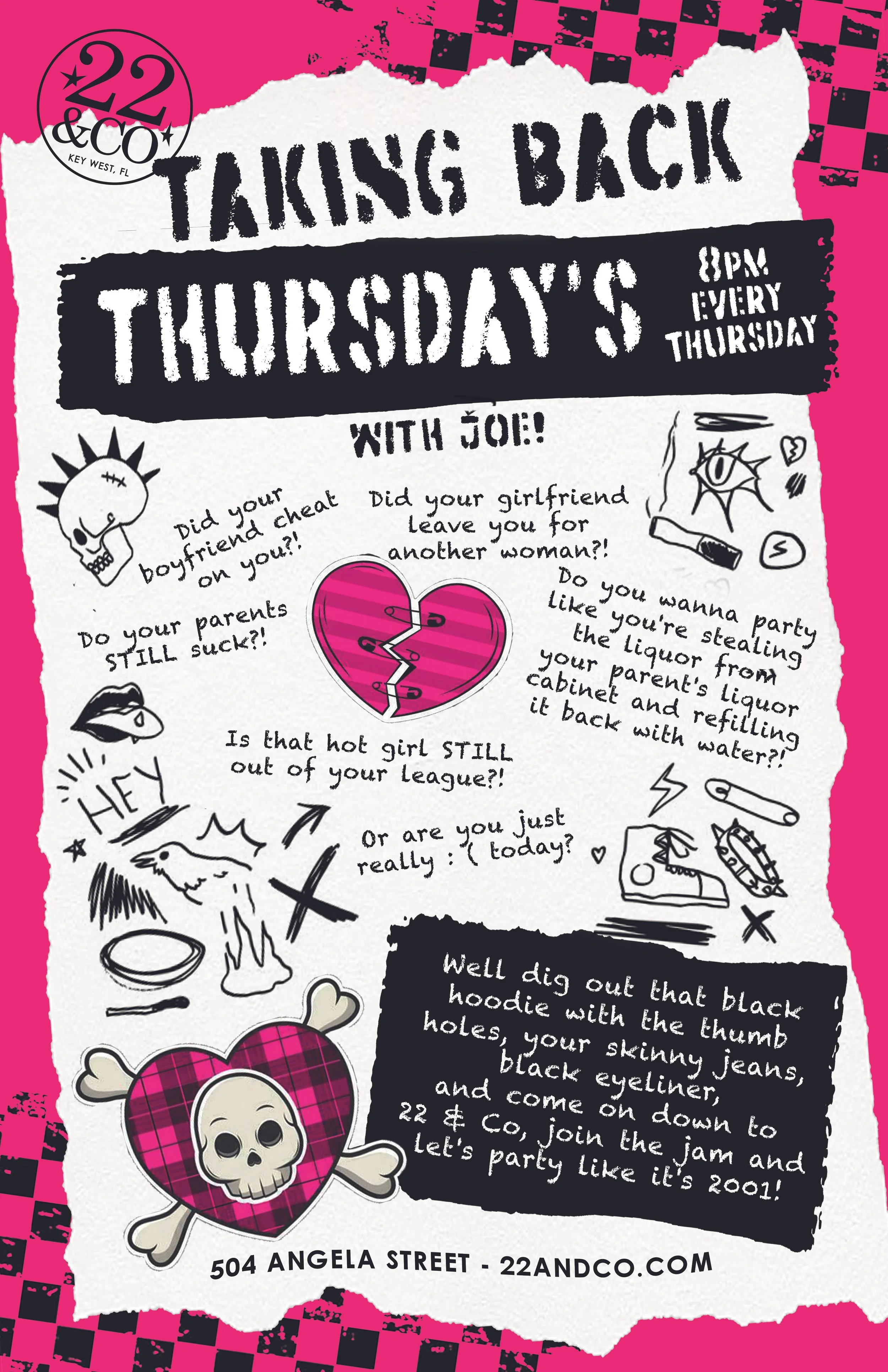 poster of event at 22&co - Thursday nights at 8pm - taking back Thursdays with Joe; emo-themed night