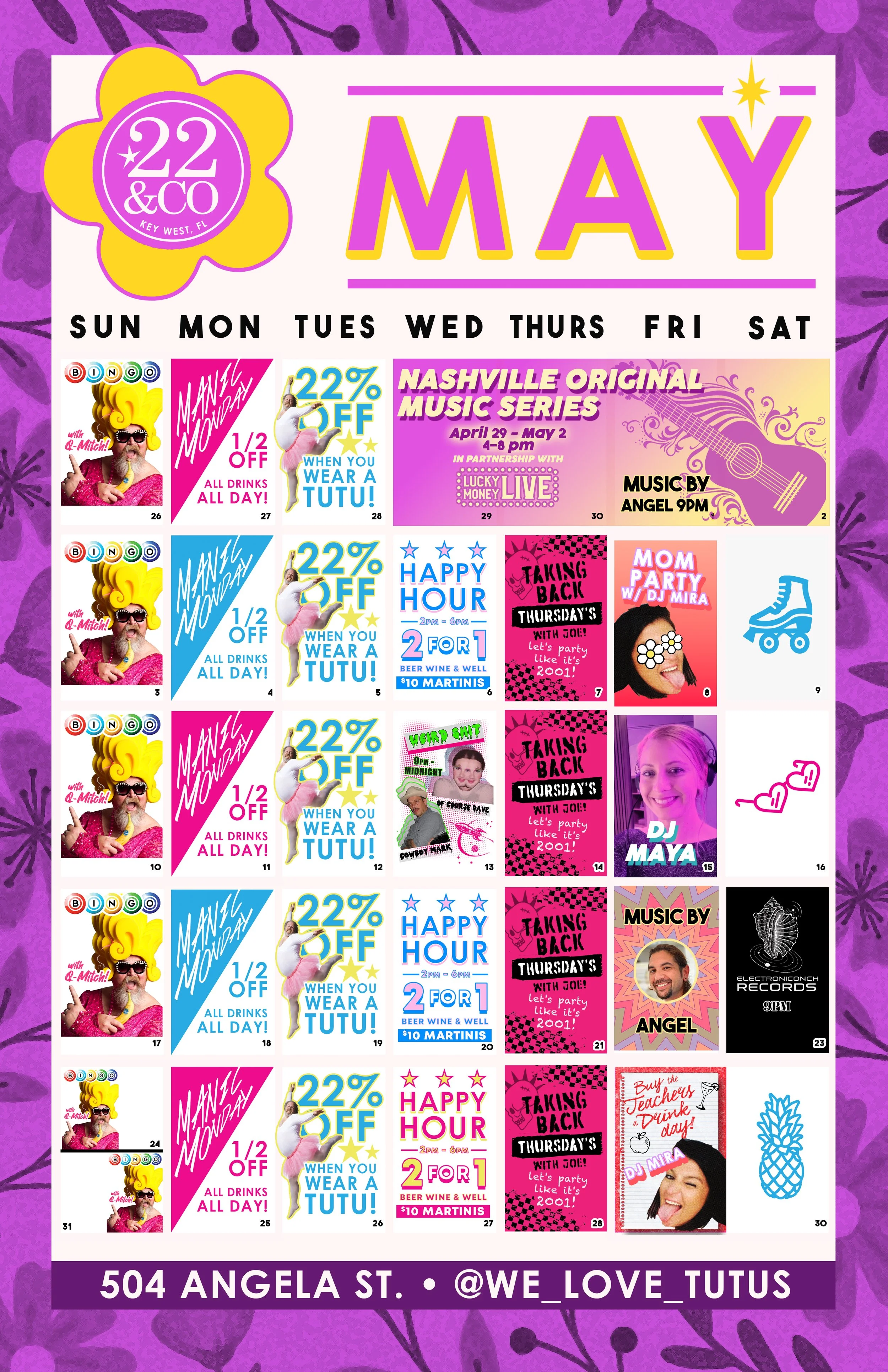 may 2026 calendar of events and specials at 22&Co Key West