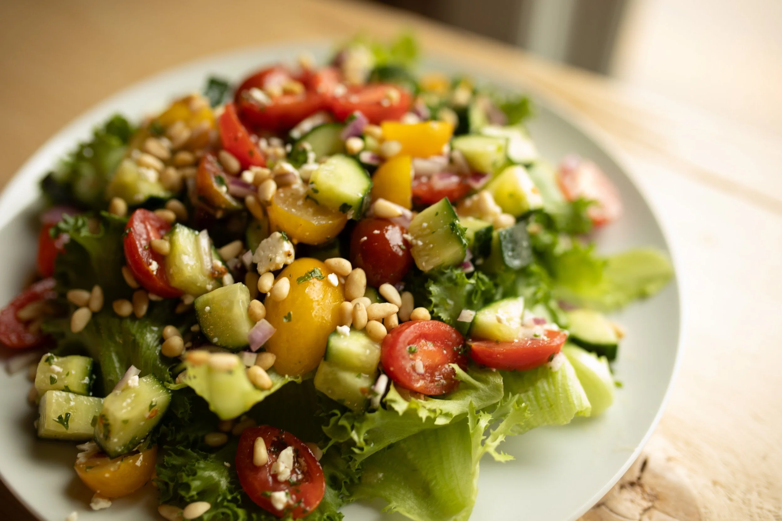 Dill marinated cucumber, cherry tomato, & feta salad with butter leaf greens & toasted pinenuts (buffet style)