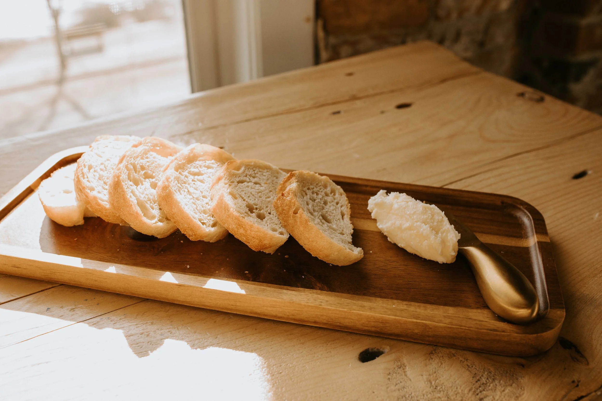 Baguette bread board with whipped salted butter