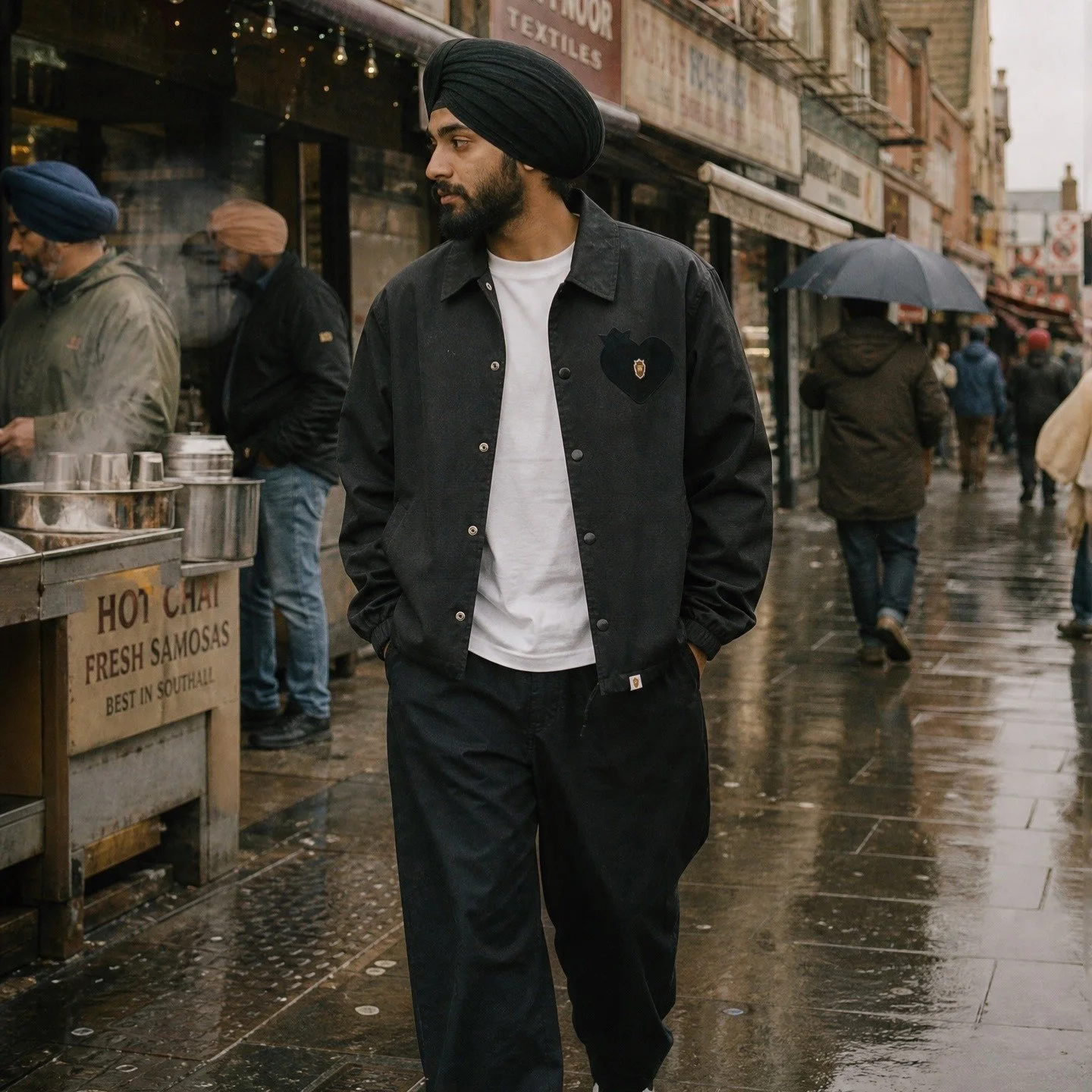 Rain doesn&rsquo;t change the plans. 🖤 What&rsquo;s the one piece you reach for either way? 
.
.
.
#dastaarclothing #streetwear #ootd #ukstreetwear #southasianfashion