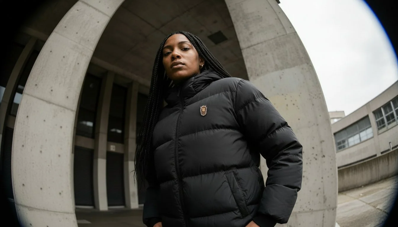 A woman in a black puffer jacket standing under a concrete archway at a modern building.
