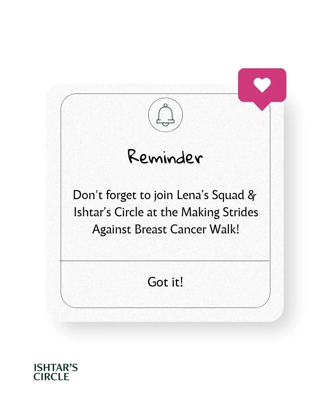 Join us this Saturday for the Making Strides Against Breast Cancer Walk! Join Lena&rsquo;s Squad and Ishtar&rsquo;s Circle in walking and fundraising for the American Cancer Society&rsquo;s Making Strides Against Breast Cancer event, which helps save