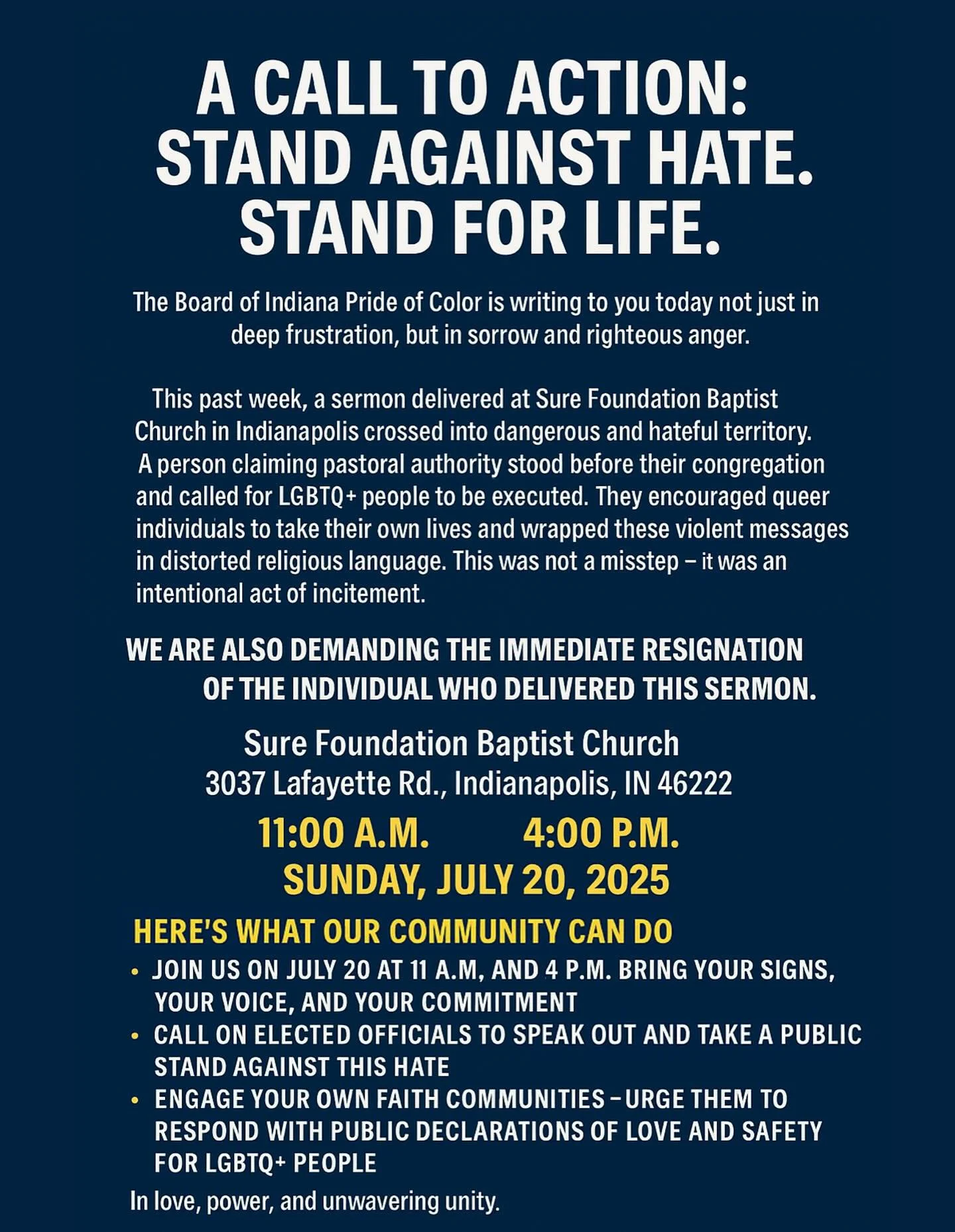 🗣️ On Sunday, July 20, we need you in the streets.

📍 Sure Foundation Baptist Church
📅 Sunday, July 20, 2025
🕚 11:00 A.M. &amp; 🕓 4:00 P.M.
3037 Lafayette Rd, Indianapolis, IN

We are calling for:
✊🏾 The immediate resignation of the individual 