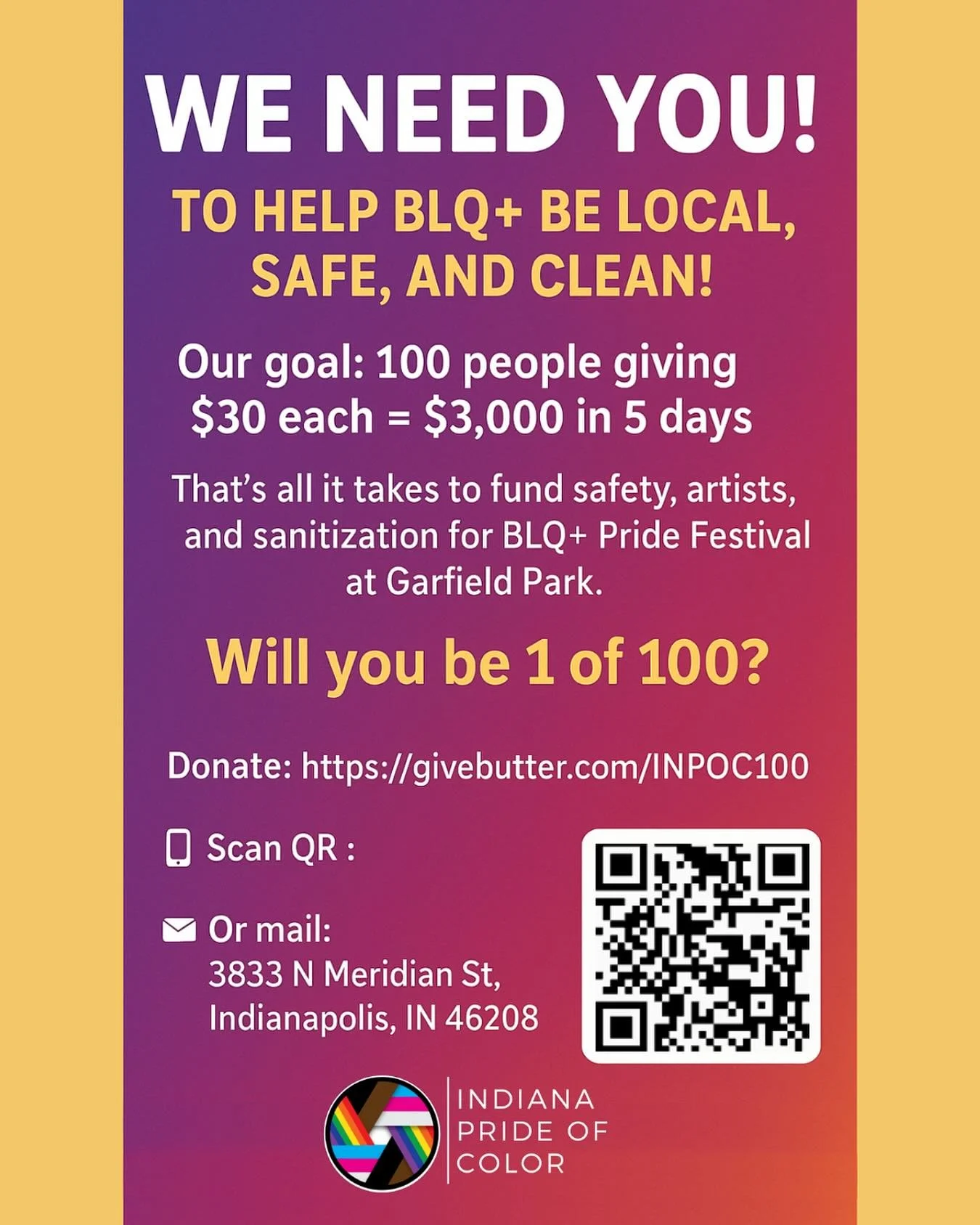 🎉 We need YOU to help BLQ+ be Local, Safe, and Clean!
Our goal: 100 people giving $30 each = $3,000 in 5 days.
That&rsquo;s all it takes to fund safety, artists, and sanitization for BLQ+ Pride Festival at Garfield Park.
Will you be 1 of 100?
💳 Don