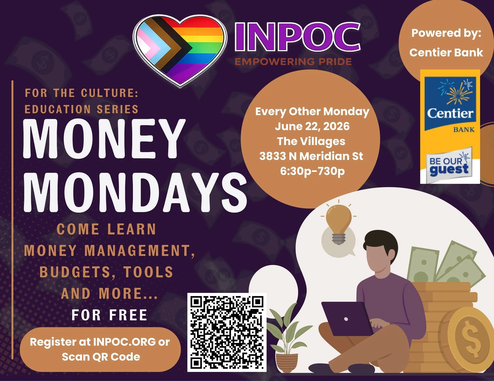 💸✨ MONEY MONDAYS ✨💸

Presented by Indiana Pride of Color and powered by Centier Bank, this FREE financial wellness series was created for Black and Brown LGBTQIA+ communities across Indiana. 🖤🤎🏳️&zwj;🌈

Come learn budgeting, money management, c