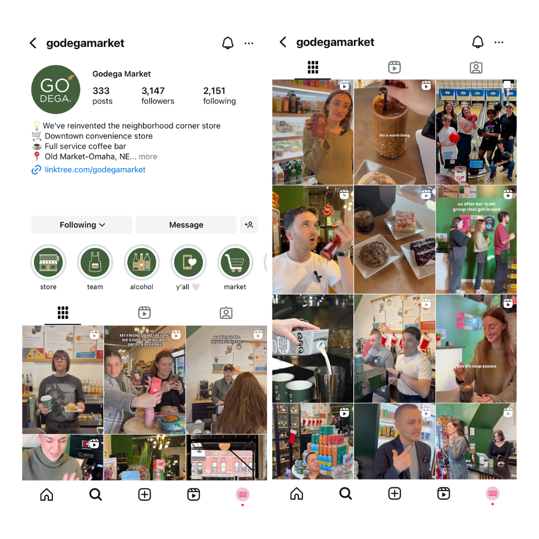 Instagram profile page of Godega Market showcasing photos of customers, staff, coffee drinks, baked goods, group gatherings, and store interior.