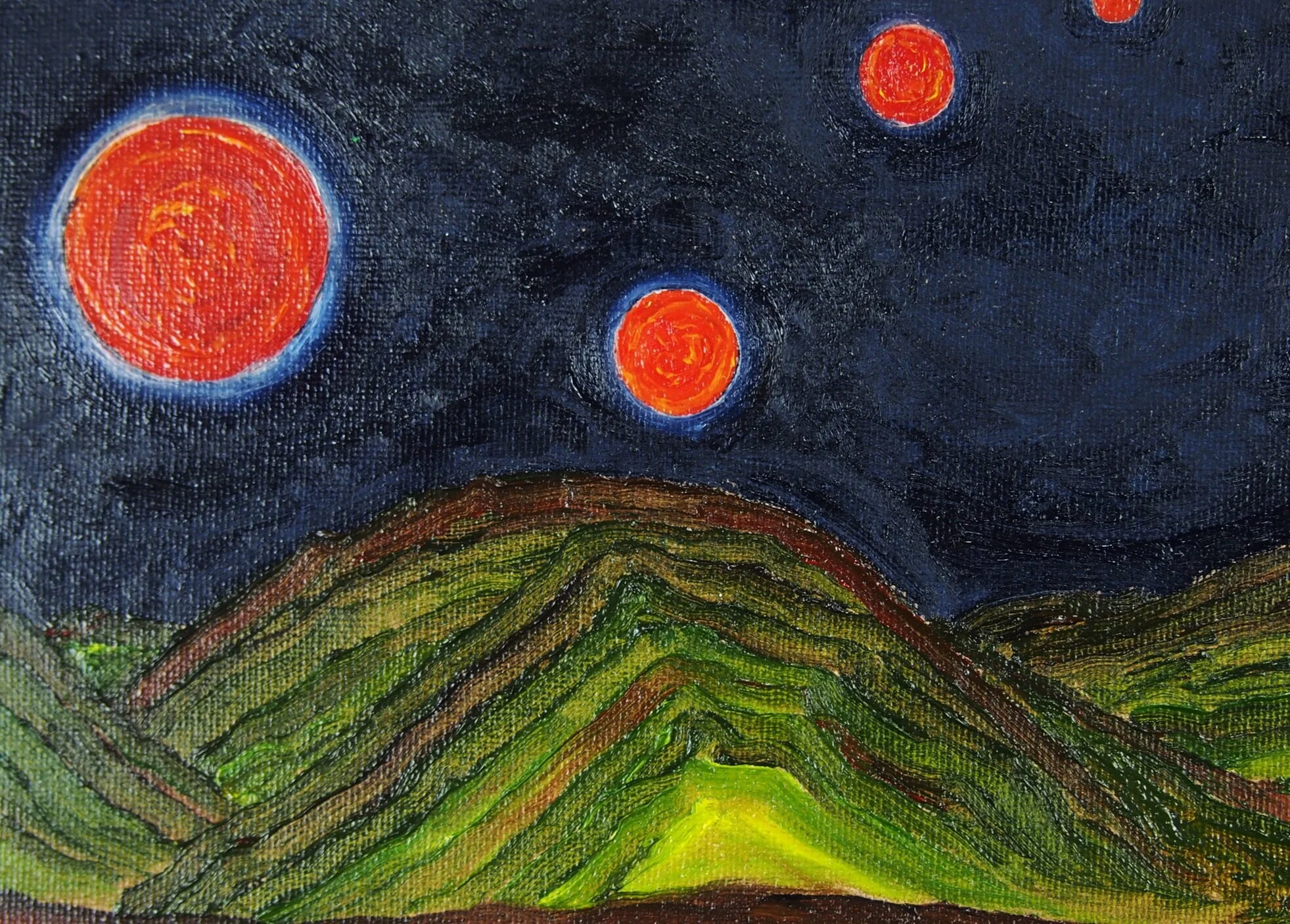 "9 Suns", Oil on canvas, 10"X20", 2020, by Yanli Tang.