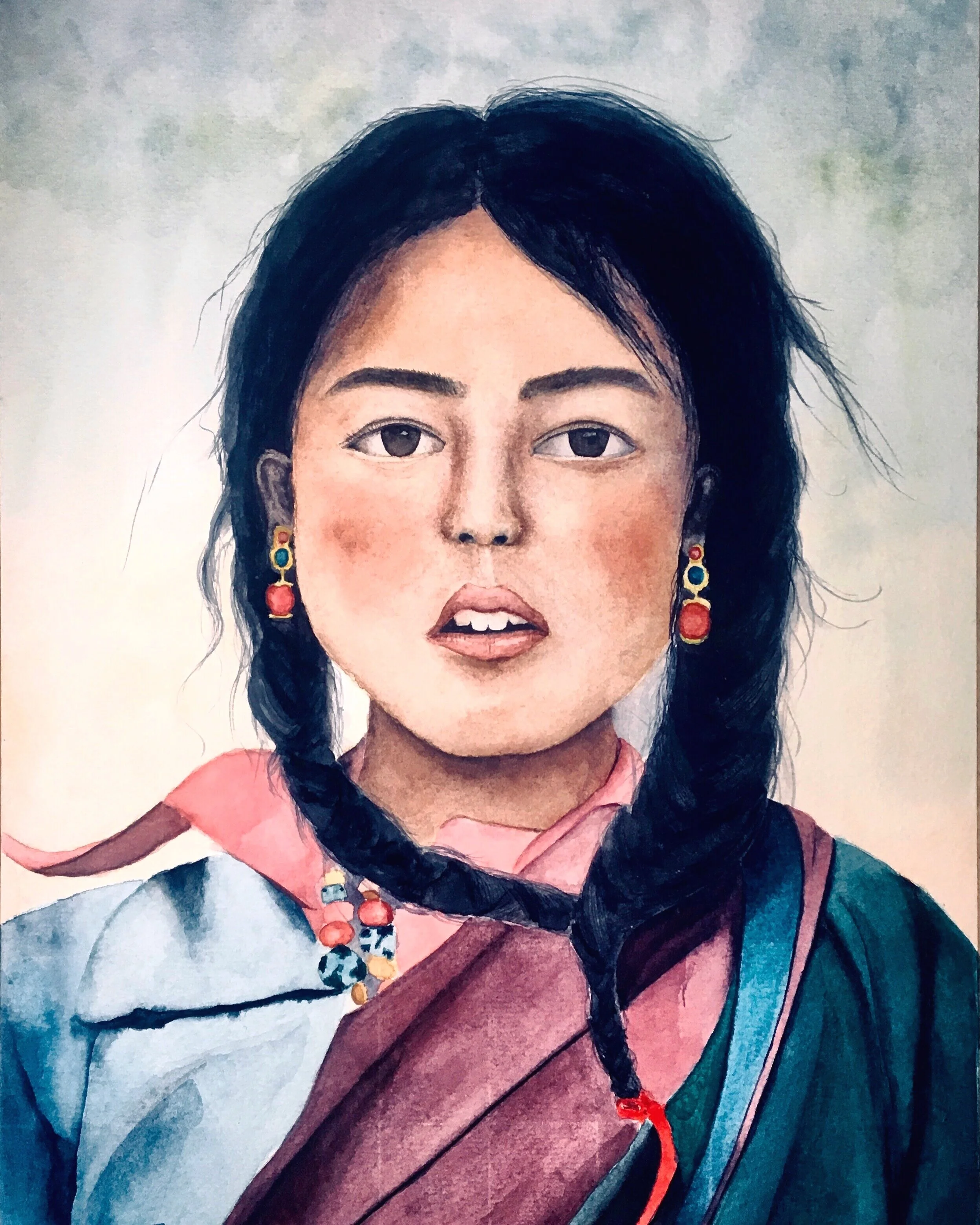 "Tibetan girl", Watercolor on paper, 26cm X36cm, 2019,by Yanli Tang. (SOLD)